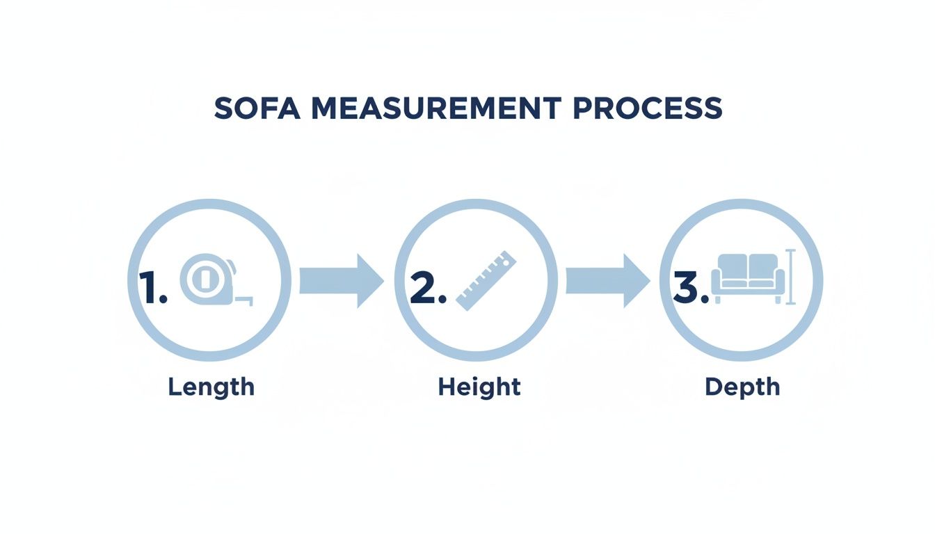 A visual guide illustrating three steps for measuring a sofa's length, height, and depth.