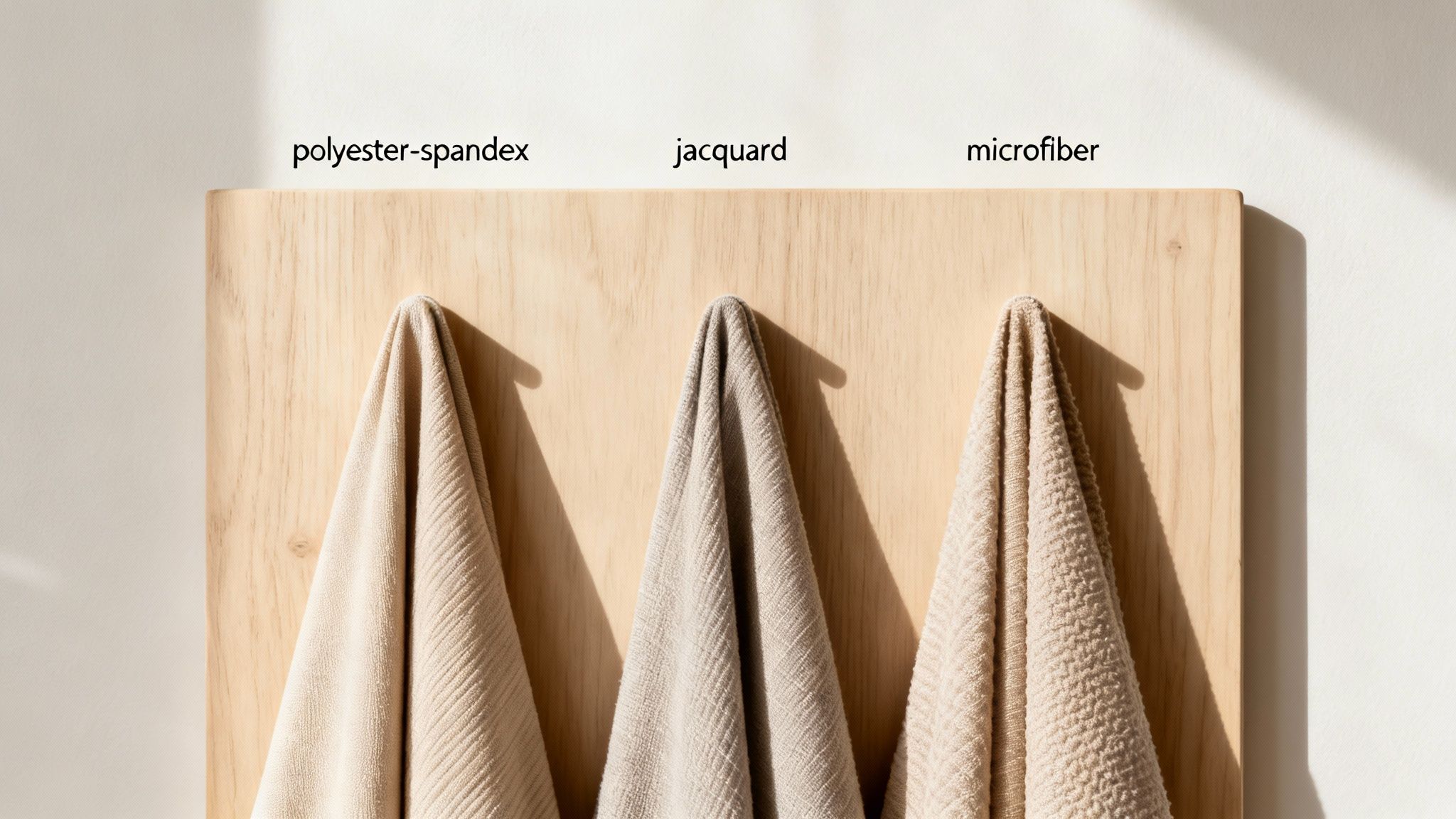 Three textured fabric swatches: polyester-spandex, jacquard, and microfiber, hanging on a wooden board.