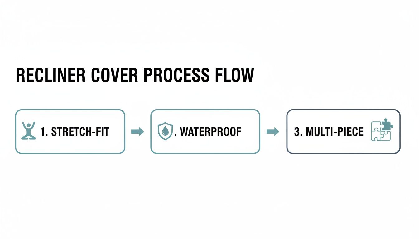 Flowchart outlining the three-step process for recliner covers: stretch-fit, waterproof, and multi-piece.