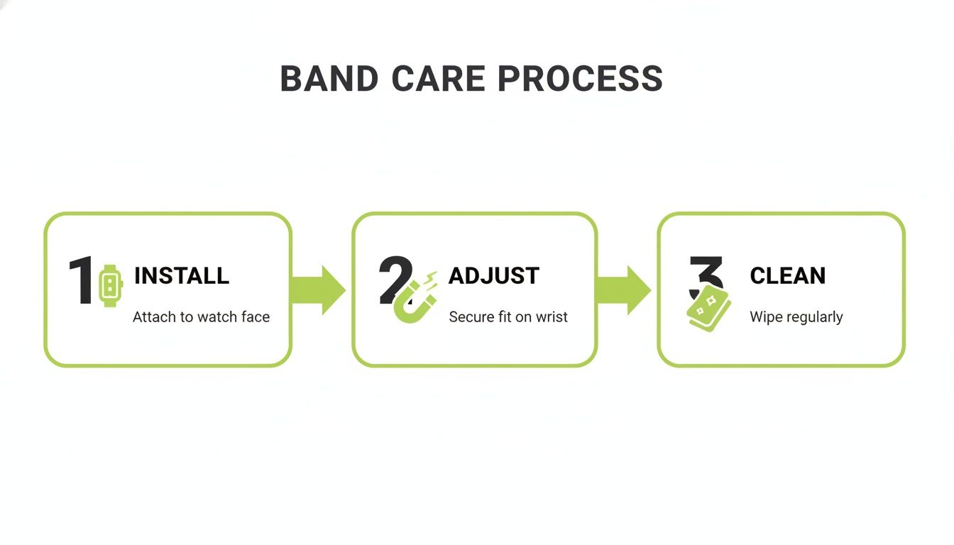 Steps to properly care for a watch band, including installation, adjustment, and cleaning.