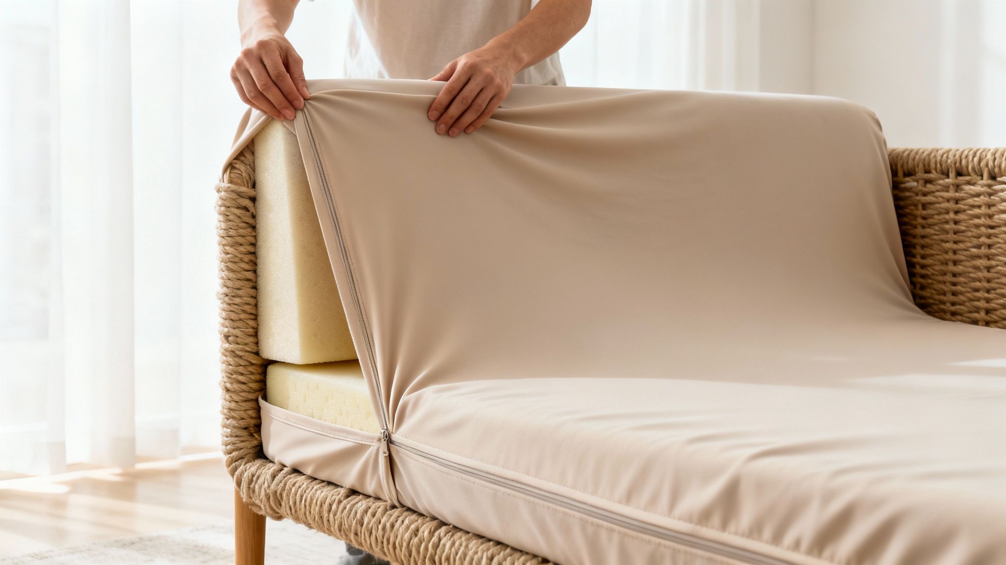 Person's hands fitting a new beige zippered cover onto a woven cord sofa cushion.