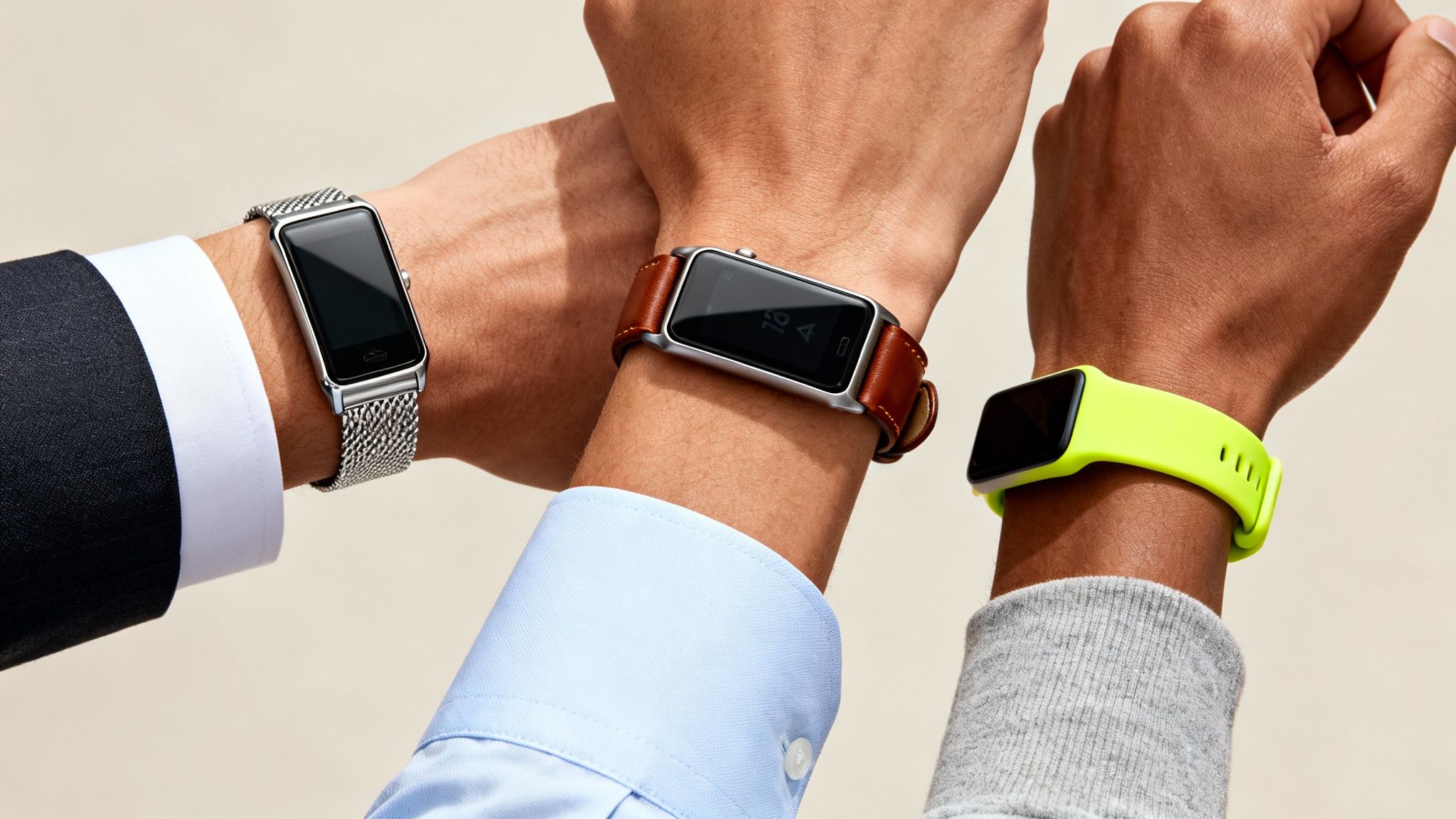 Three different smartwatches on wrists: silver mesh, brown leather, and neon green straps.