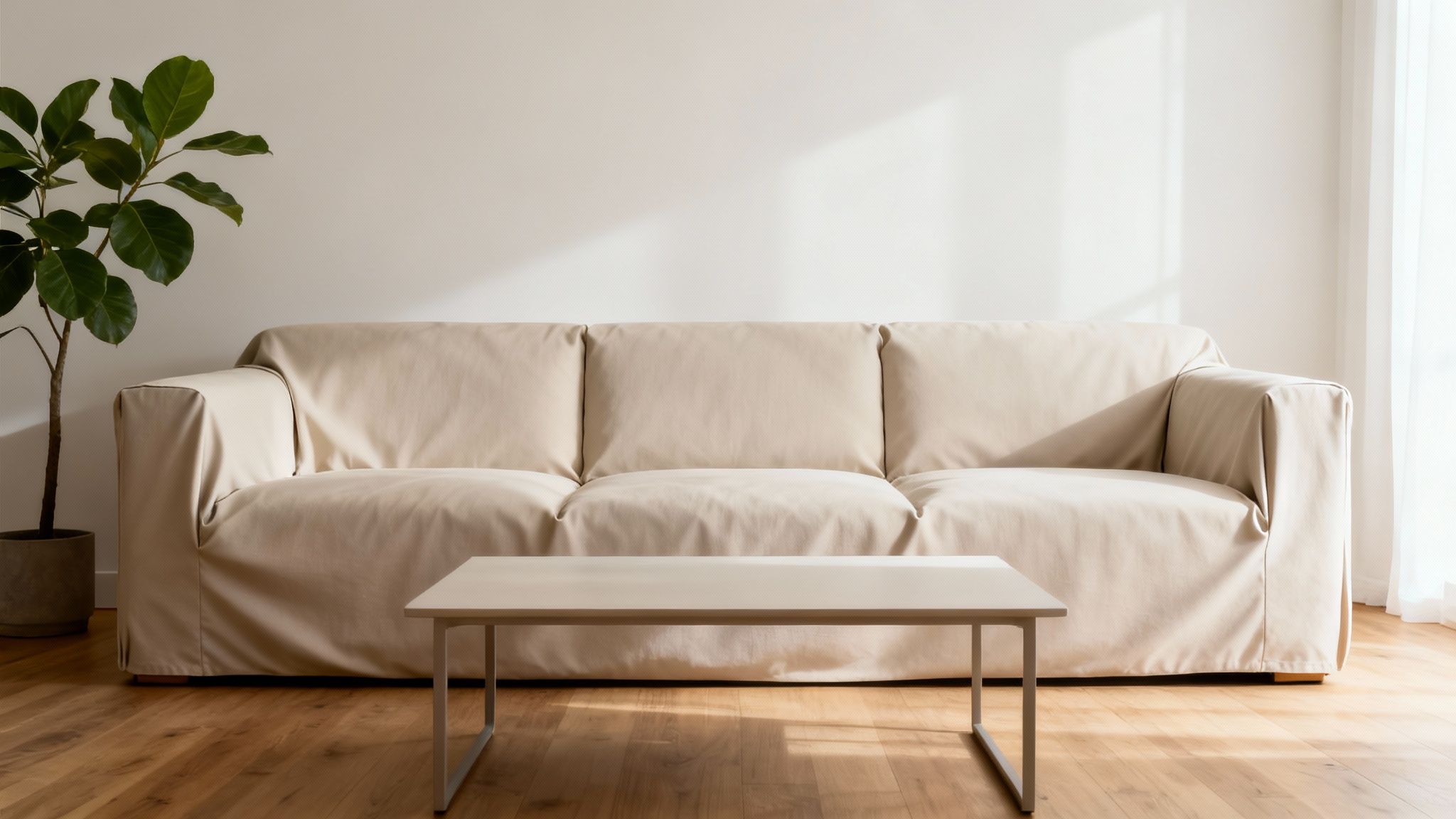 A bright, minimalist living room featuring a large beige slipcovered sofa, modern coffee table, and potted plant.
