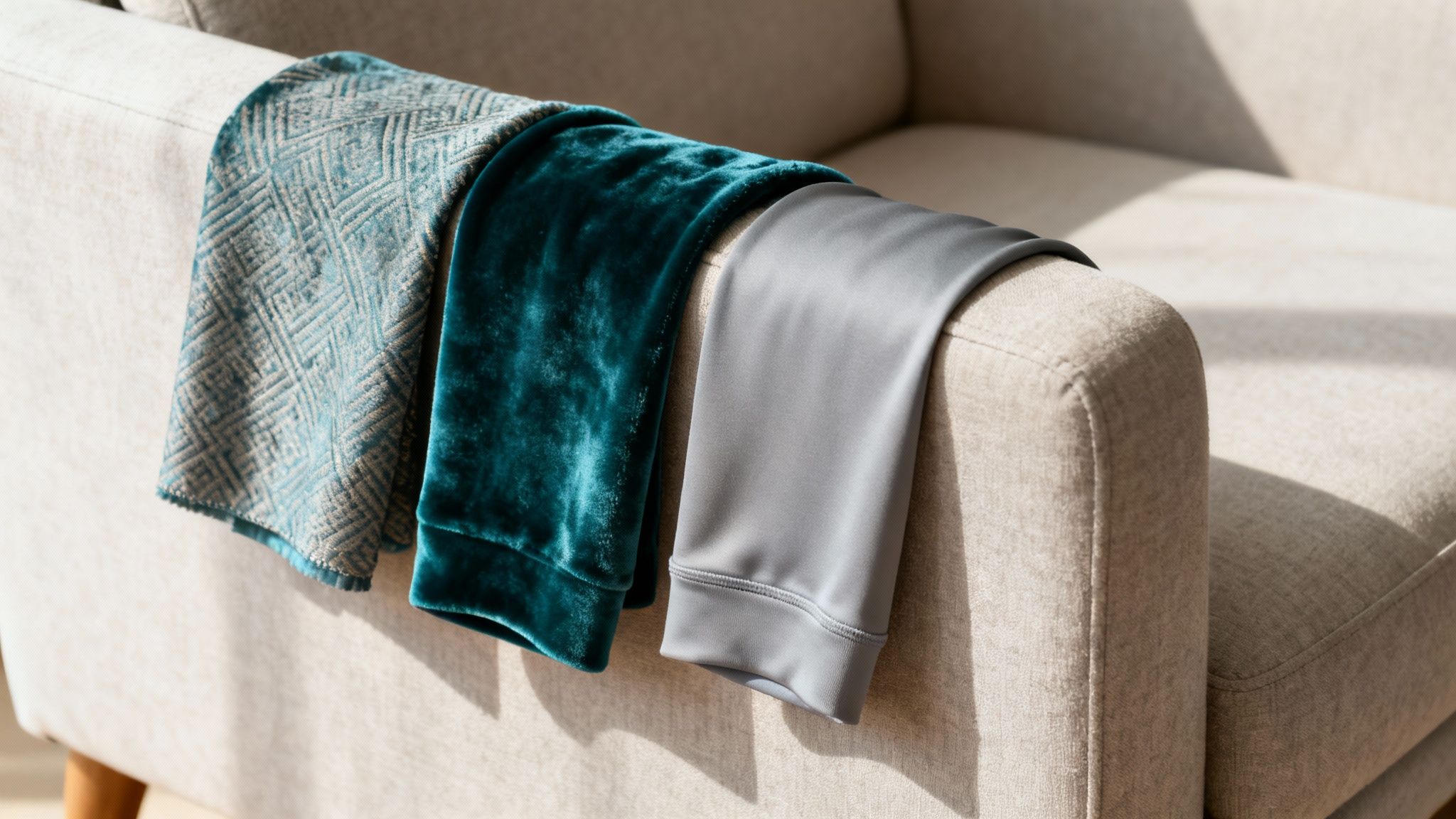 Three blankets in teal geometric, velvet, and grey silk draped over a modern beige armchair.