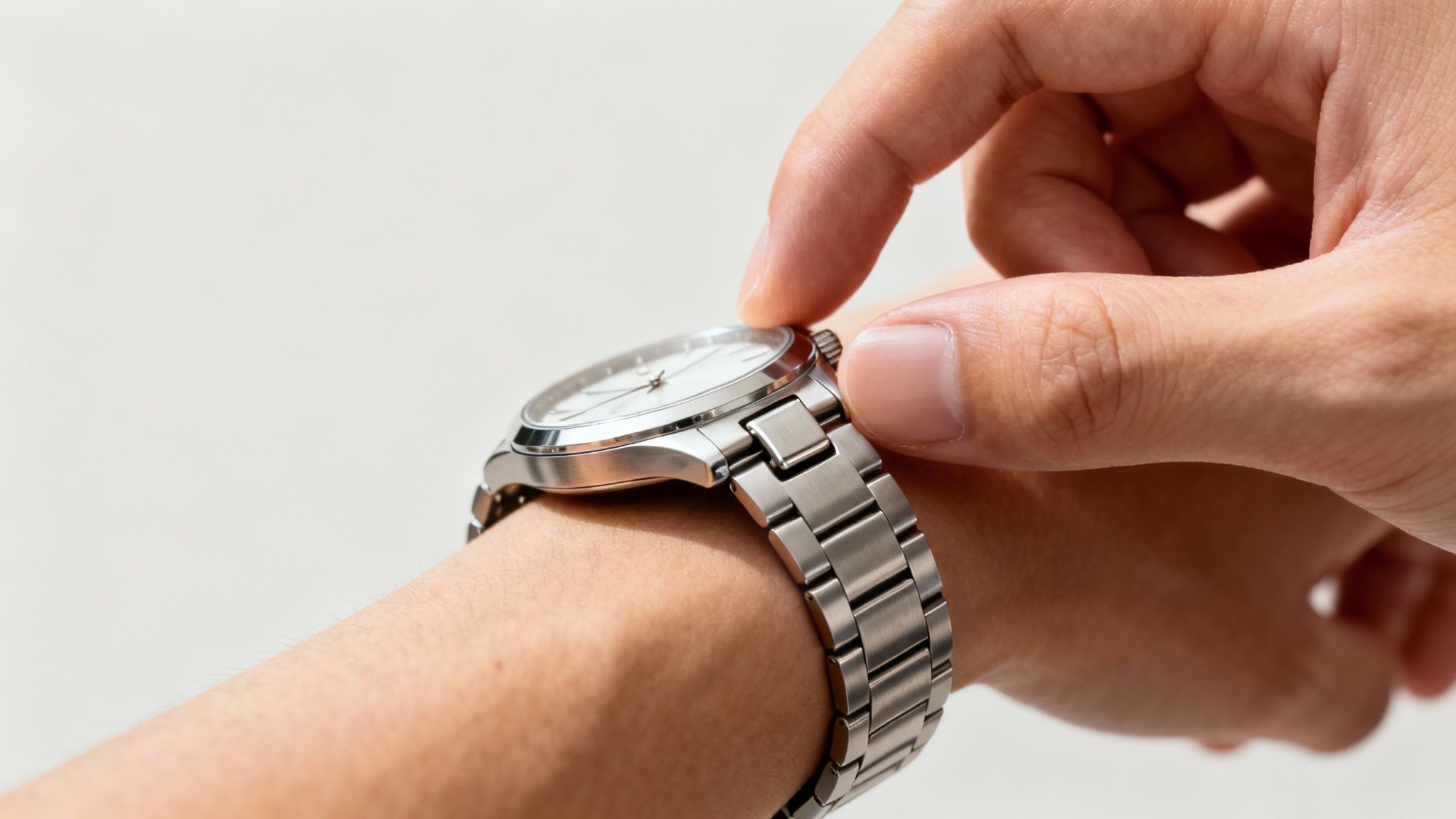 Close-up of a person's hand adjusting the crown of a silver watch on their wrist.