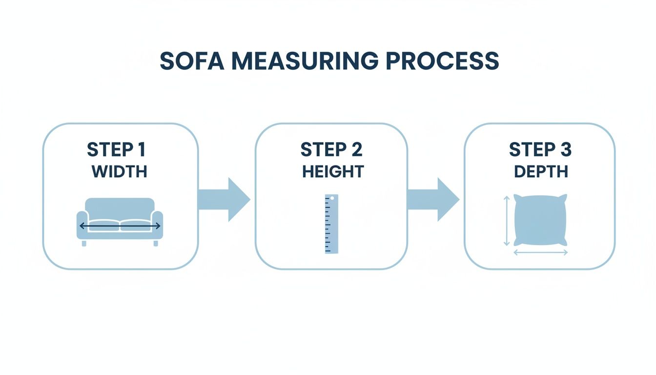 An infographic illustrating three steps to measure a sofa: width, height, and depth, for a perfect fit.
