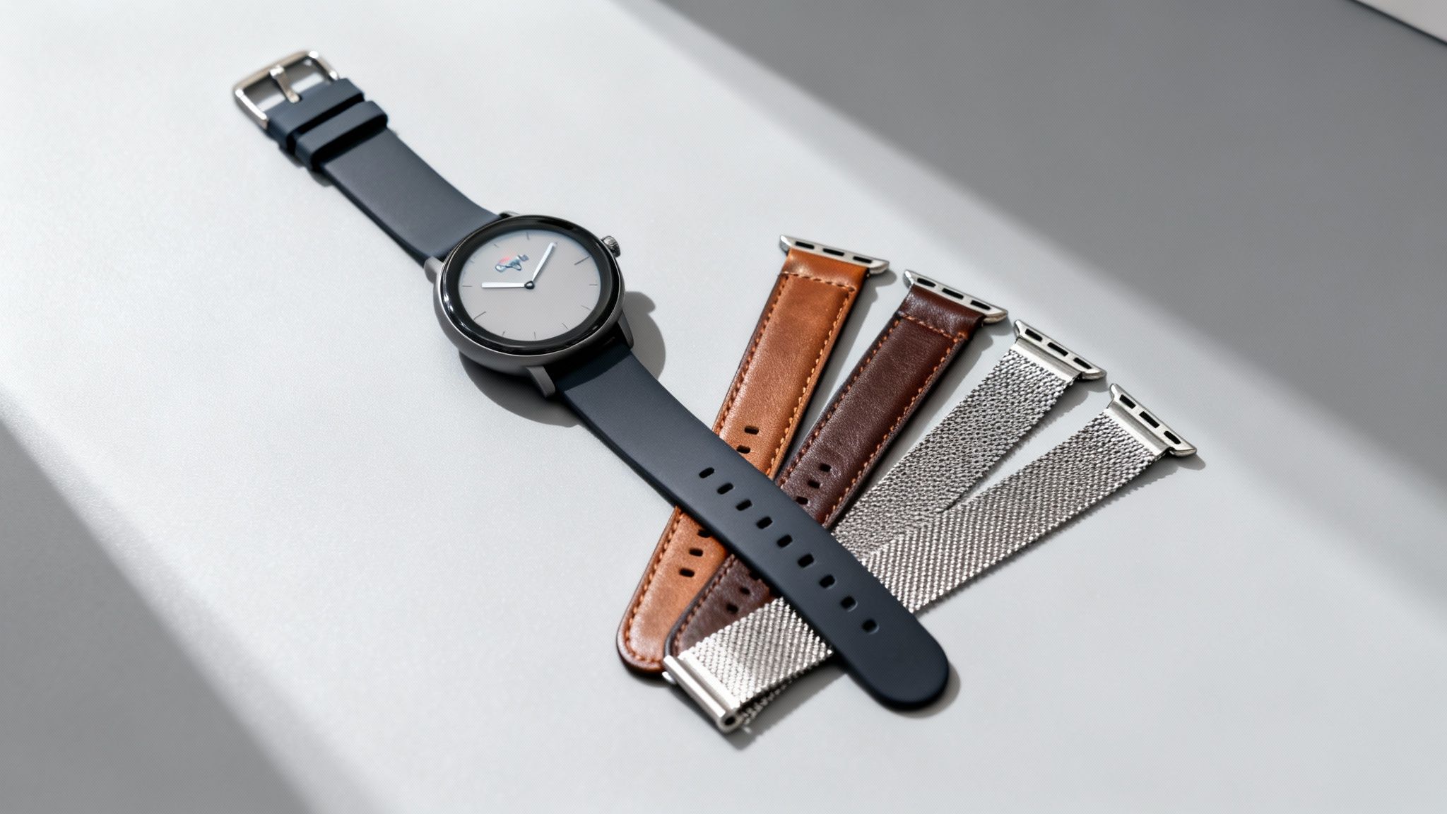 A Google smartwatch with a dark blue strap, displayed with three interchangeable watch straps: two leather and one mesh.