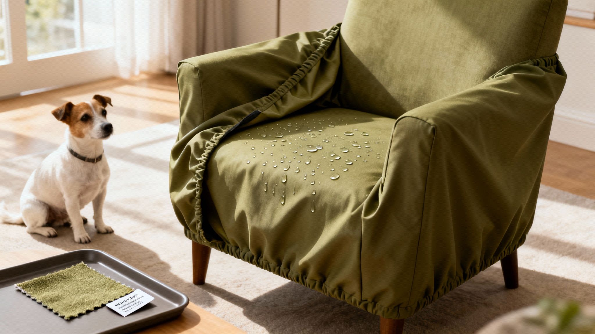 A Jack Russell dog sits on a rug next to an olive green armchair with water droplets on its waterproof slipcover.