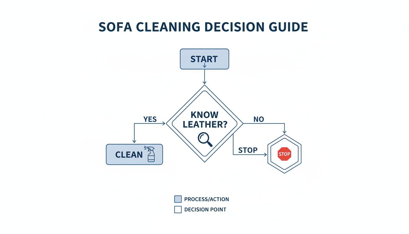 A sofa cleaning decision guide flowchart starts with 'START'. It asks 'KNOW LEATHER?'. If yes, it proceeds to 'CLEAN'. If no, it leads to 'STOP'.
