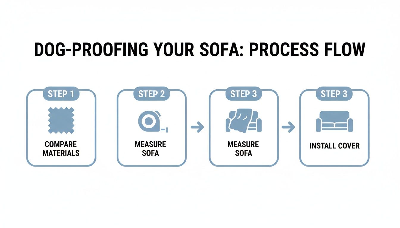 A step-by-step process flow illustrates how to dog-proof a sofa by comparing materials, measuring, and installing a cover.