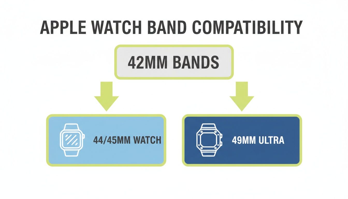 Diagram showing Apple Watch 42mm bands are compatible with 44/45mm watches and 49mm Ultra models.