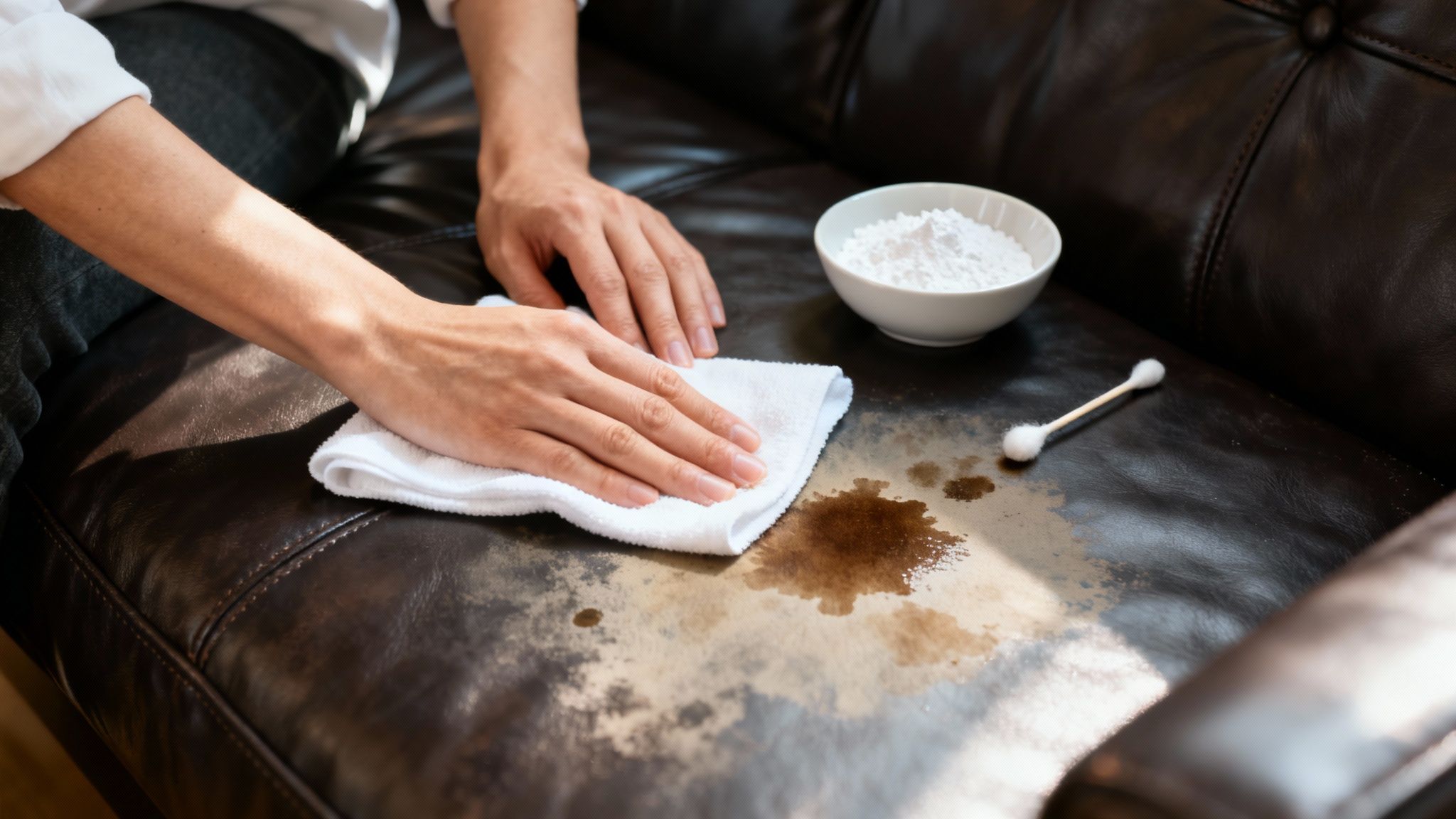 A person cleaning a dark stain on a brown leather sofa using a white cloth, powder, and cotton swab.