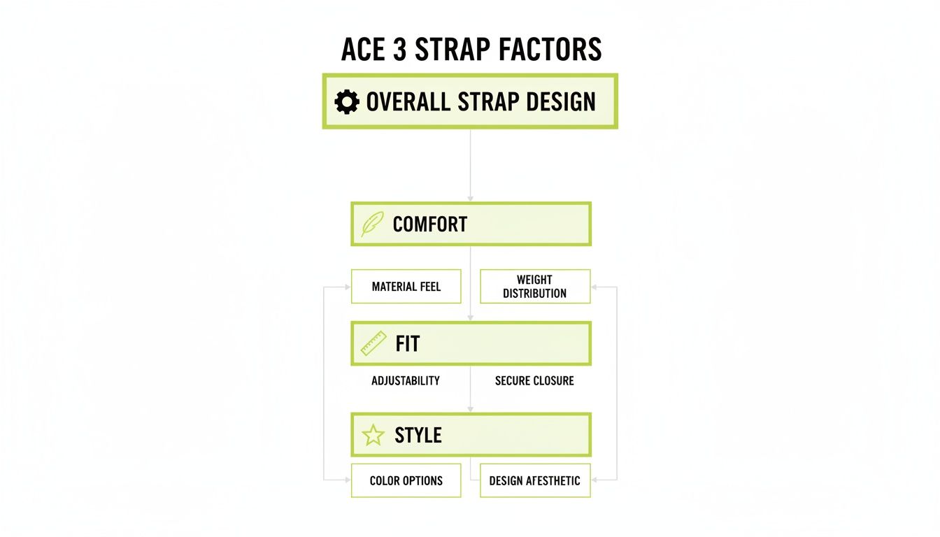 Flowchart detailing Ace 3 strap design factors: comfort, fit, and style, with their sub-components.