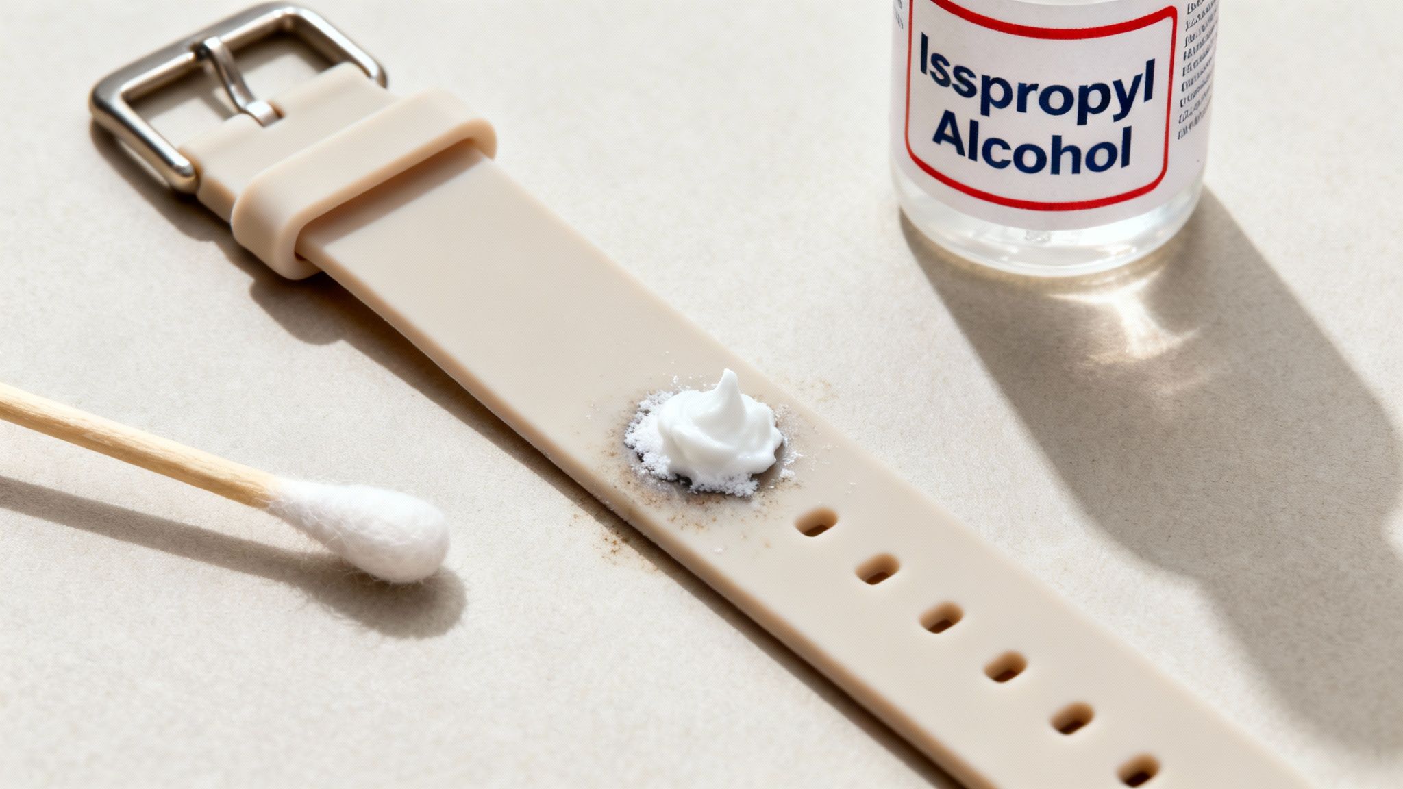 Cleaning a dirty beige silicone watch strap with isopropyl alcohol and a cotton swab.