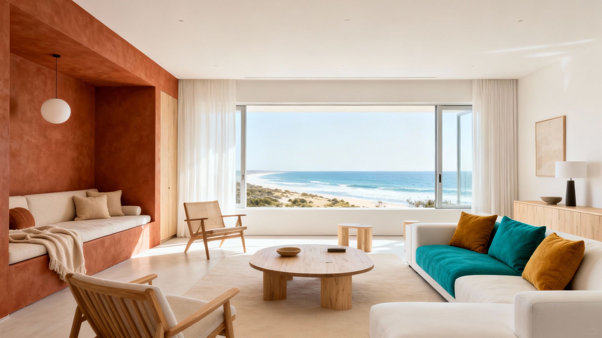 A bright, modern living room with ocean views, featuring a white sofa with colorful pillows and wooden furniture.