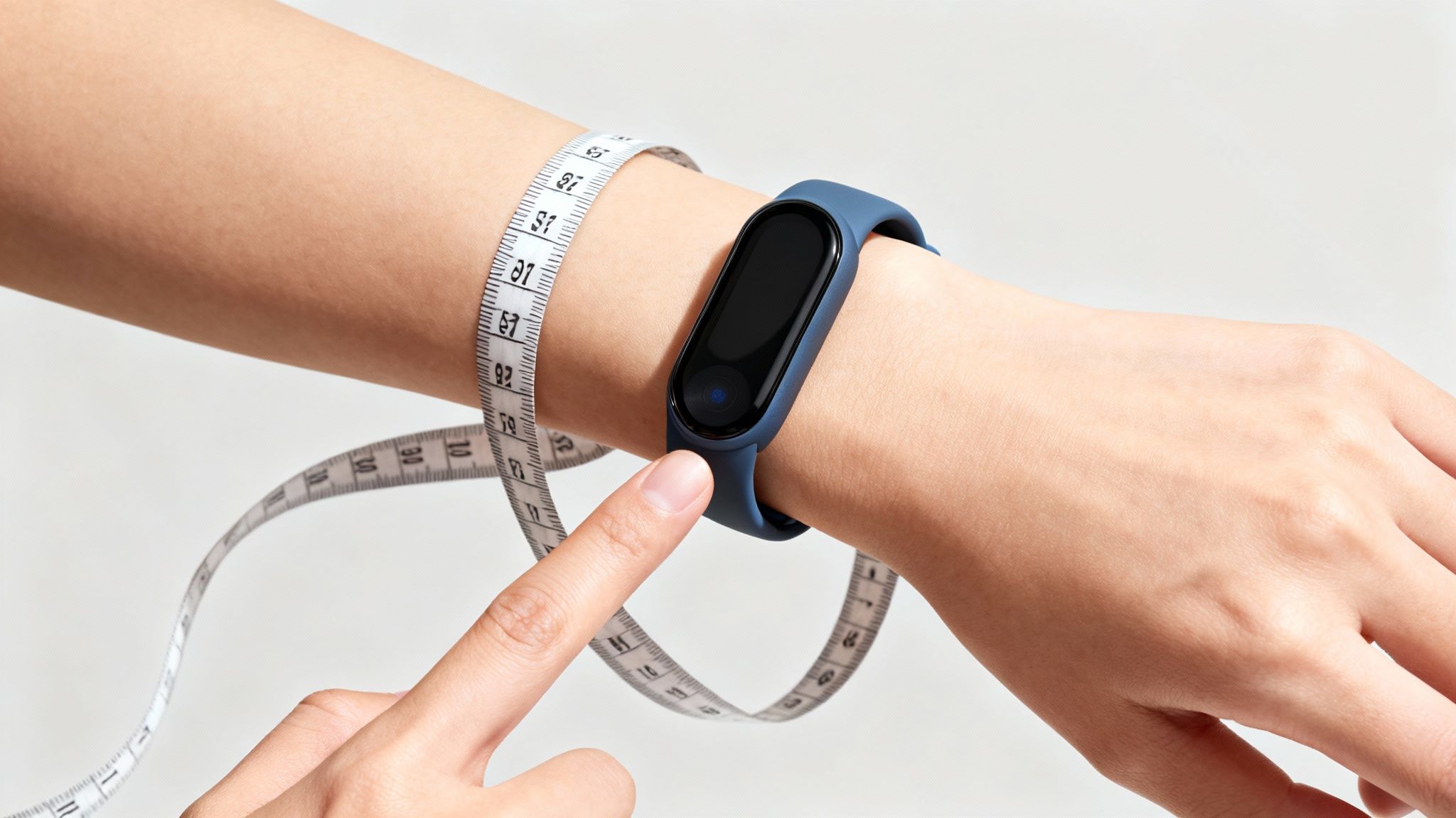 Close-up of a person's arm wearing a blue fitness tracker and measuring tape.