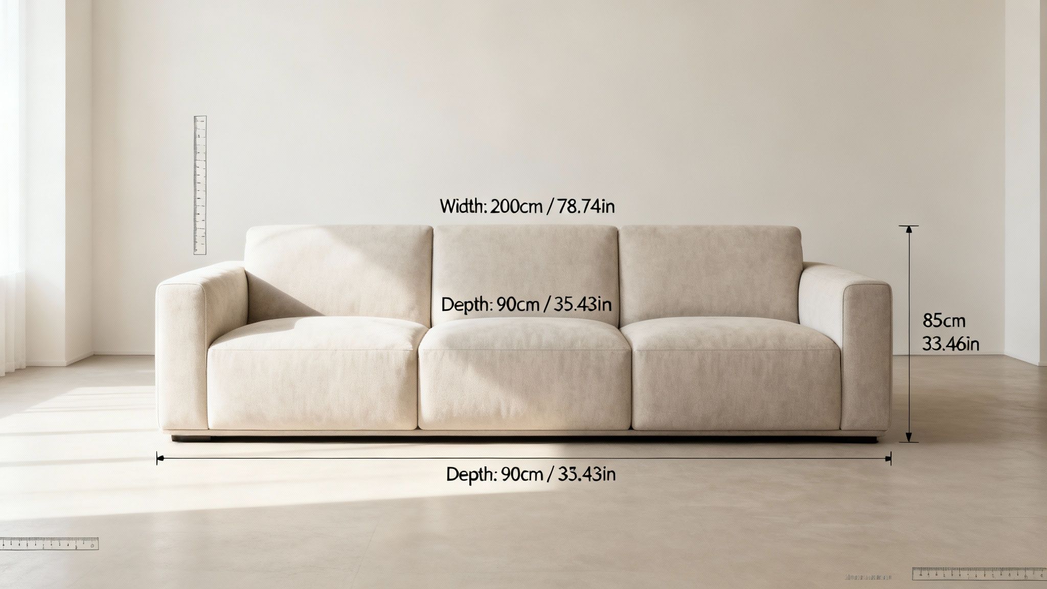 A beige three-seater sofa with its width, depth, and height dimensions clearly labeled.