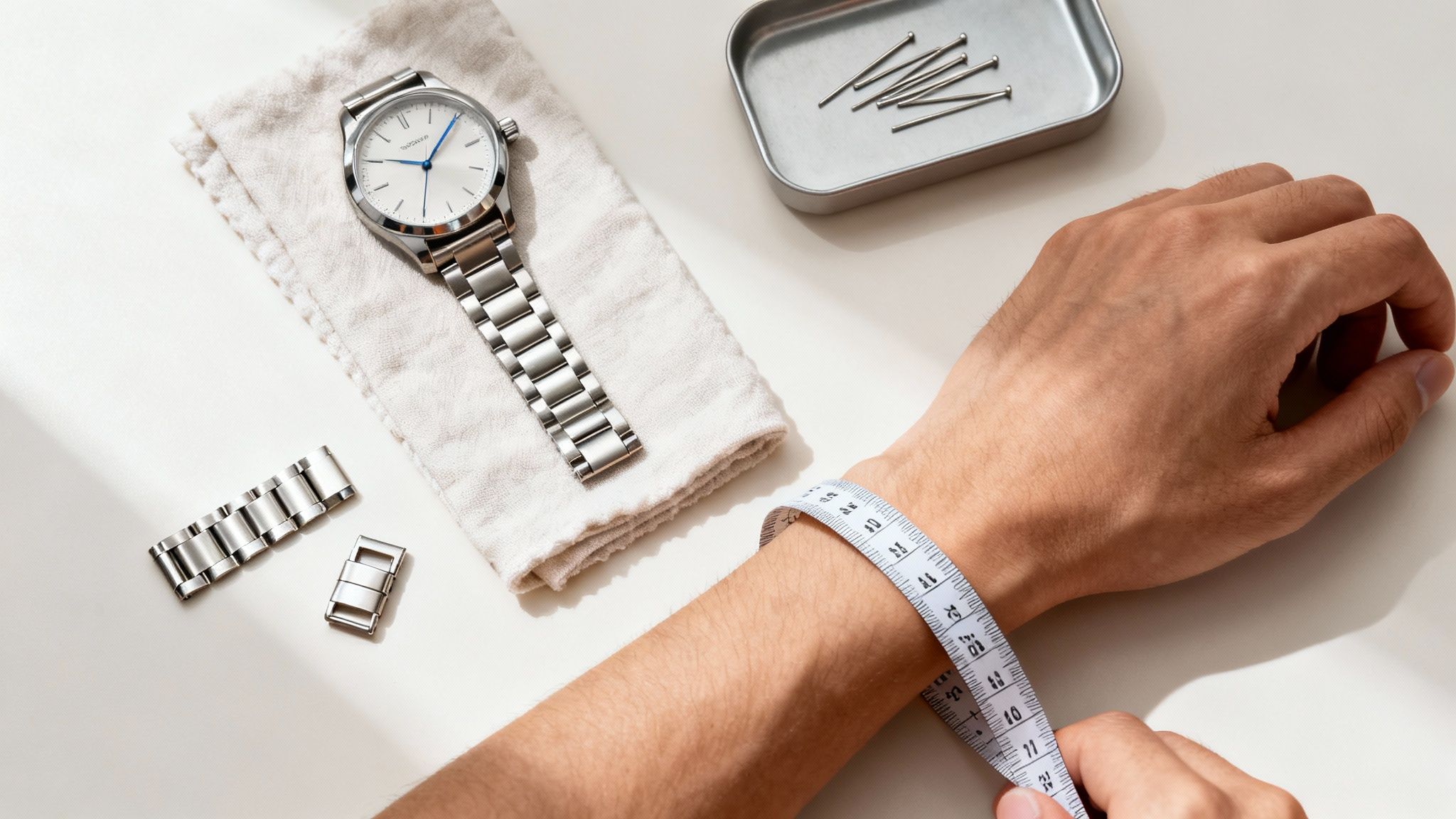 Adjusting a metal watch strap, showing a wrist measurement, watch, and spare links.