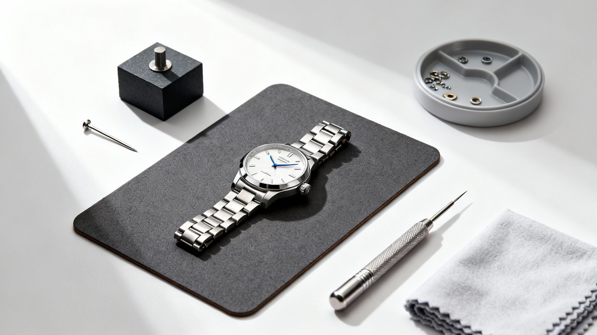 A silver watch with a metal strap sits on a dark mat, surrounded by watch adjustment tools.