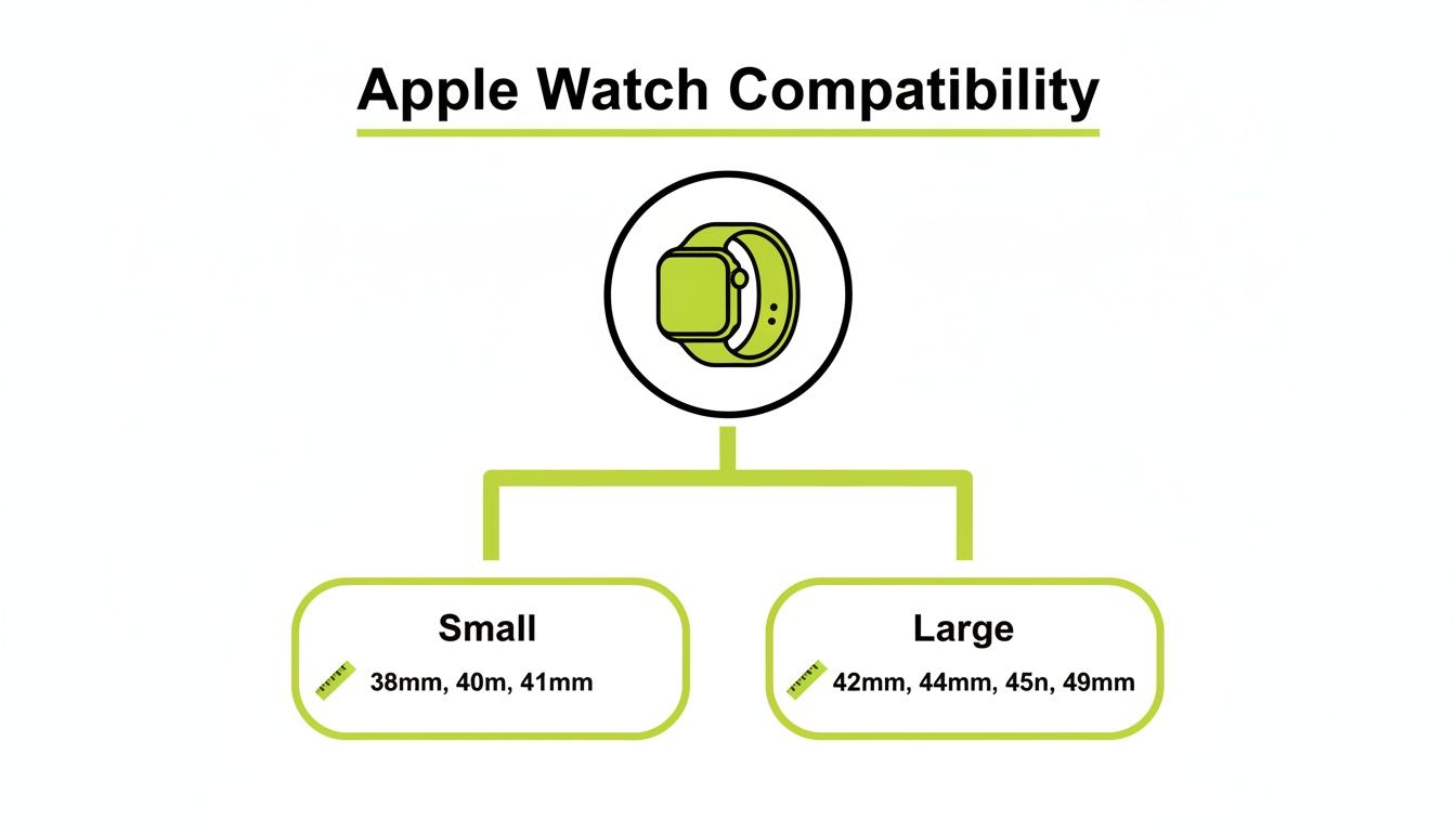 Apple Watch compatibility guide showing small (38mm, 40mm, 41mm) and large (42mm, 44mm, 45n, 49mm) sizes.