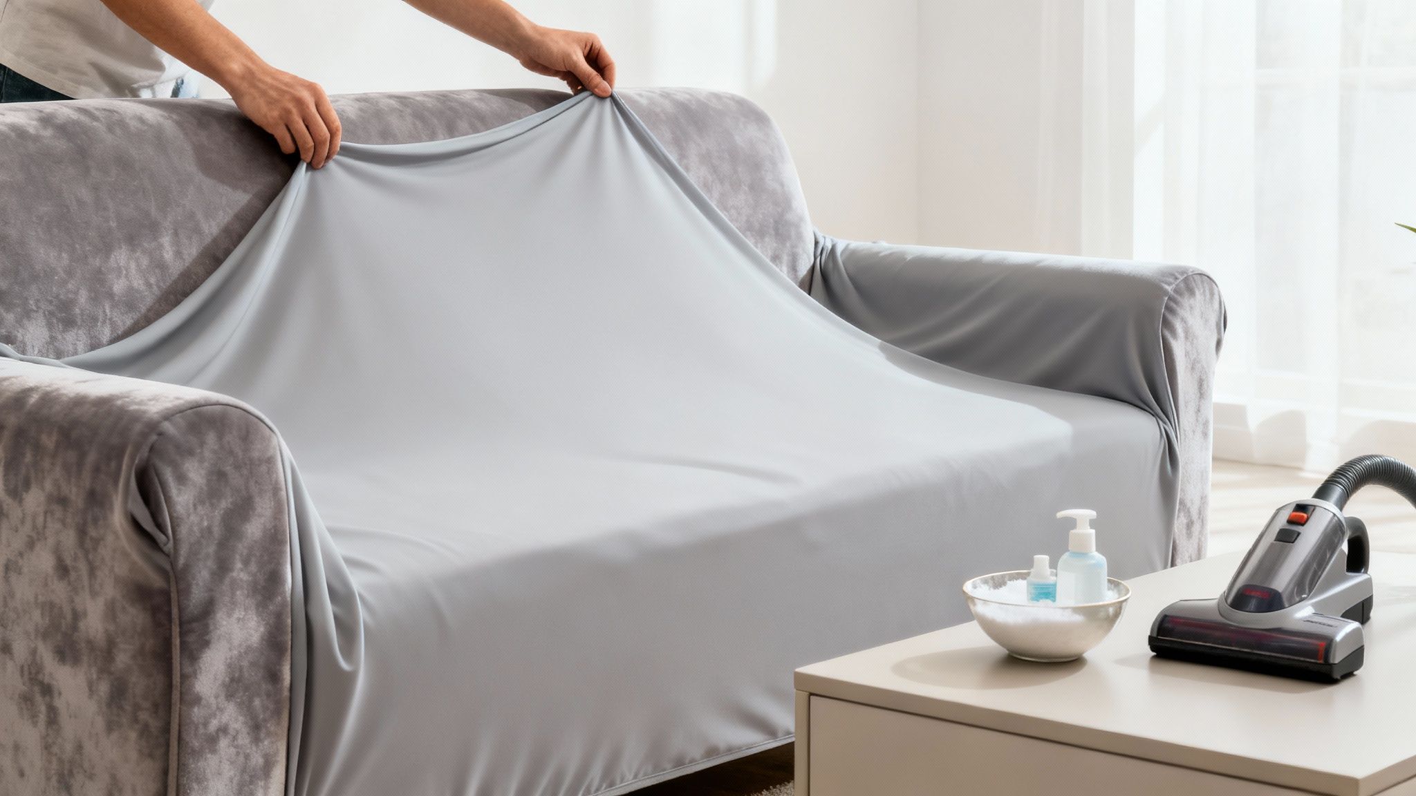 Hands placing a light grey slipcover over a grey velvet sofa, with cleaning supplies nearby.