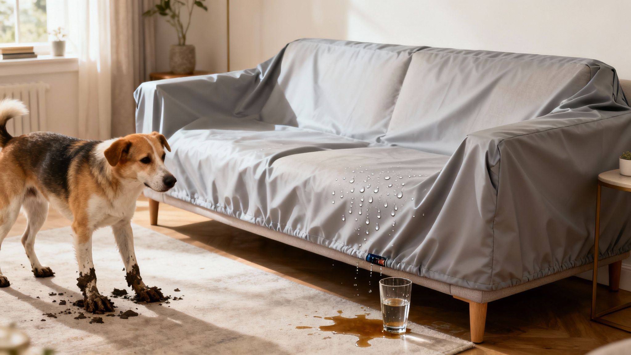 A dog with muddy paws and spilled water demonstrating a grey waterproof sofa cover.
