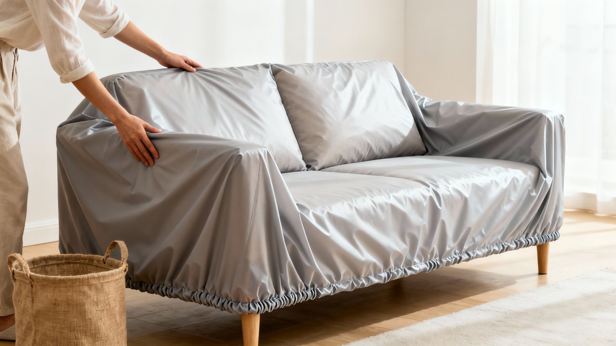 A person adjusting a silver-grey elasticized waterproof cover on a two-seater sofa in a bright room.