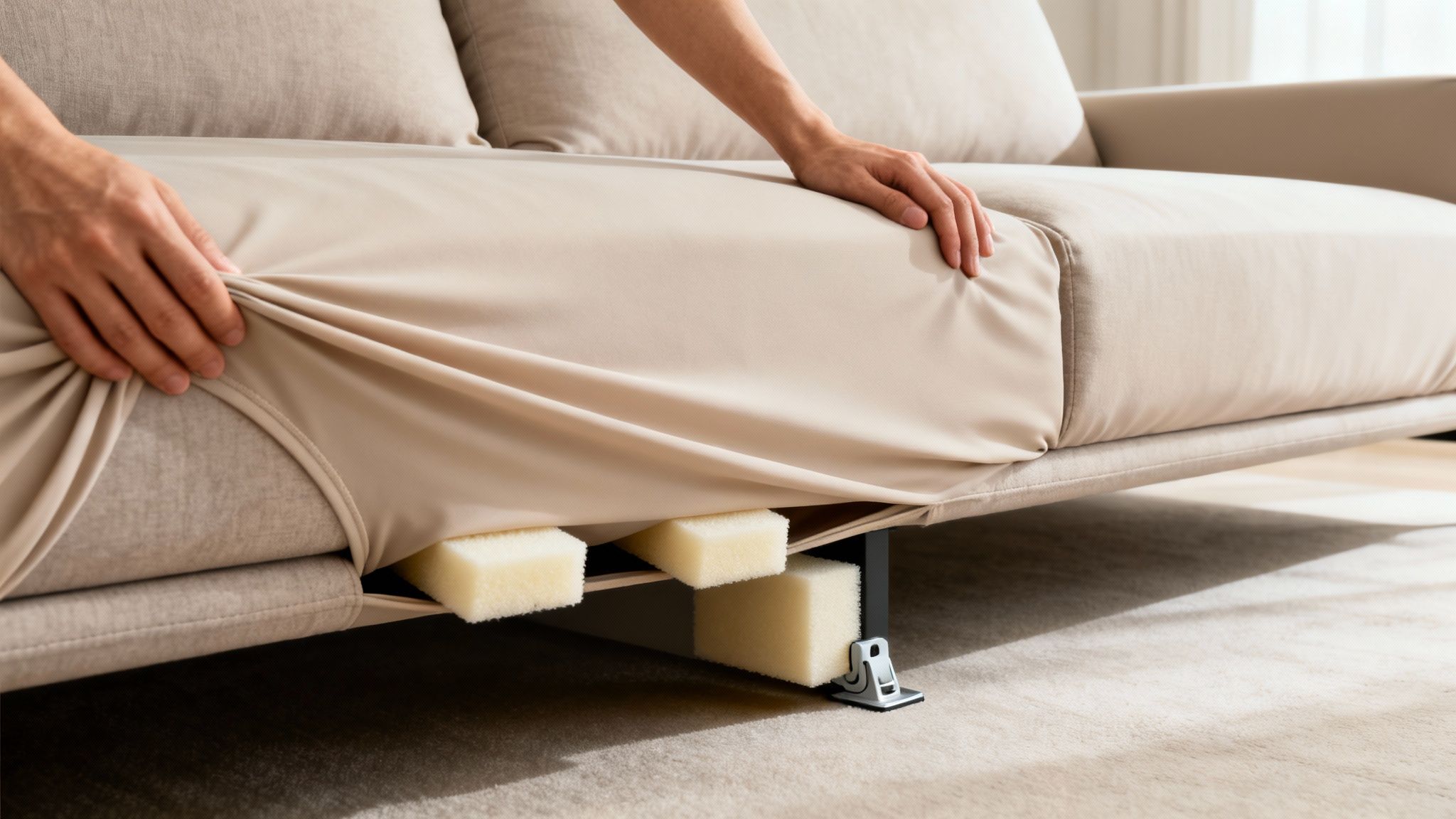 Person adjusting a beige stretch sofa cover, revealing foam inserts underneath for a snug fit.