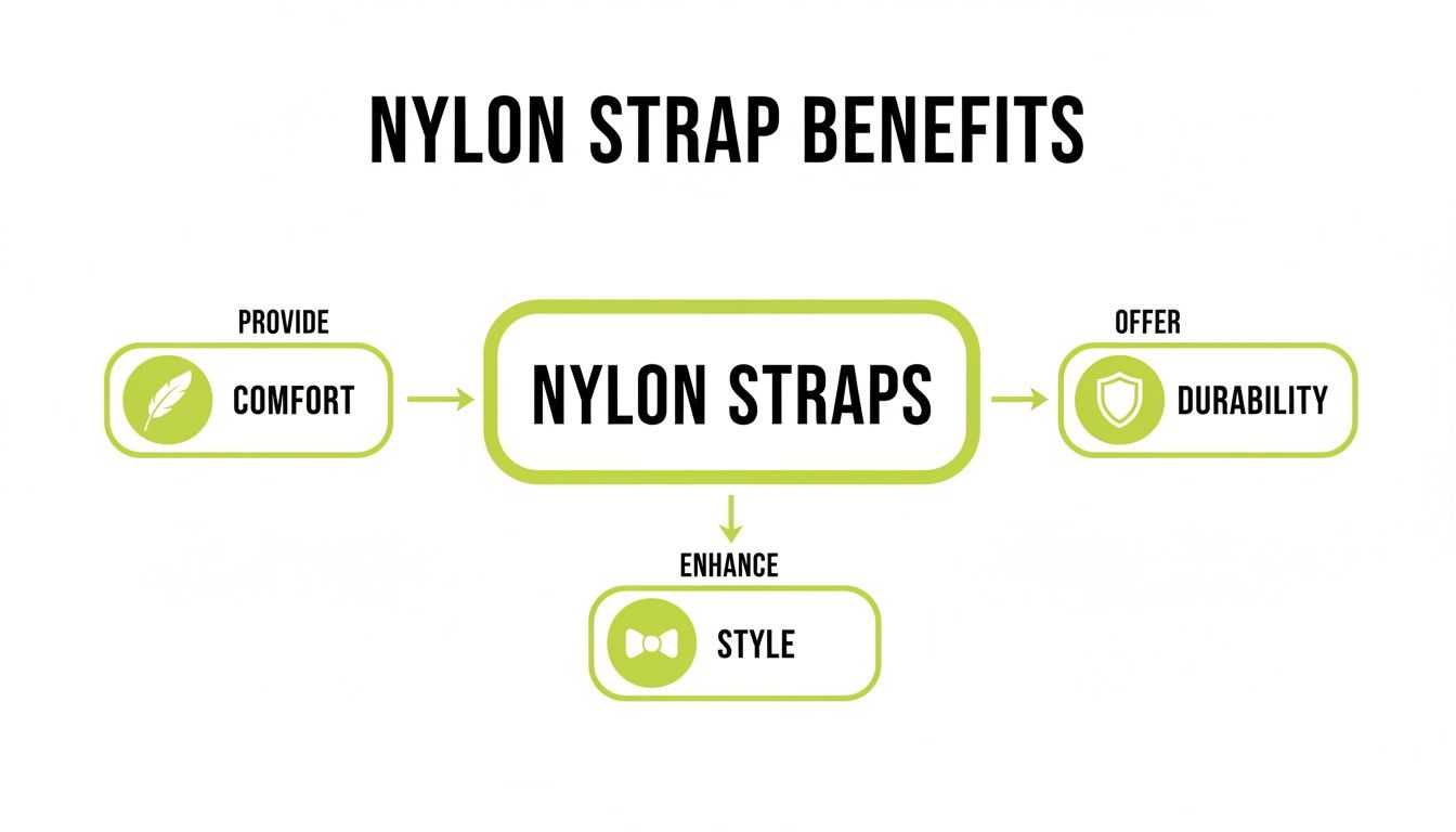 Diagram illustrating the benefits of nylon straps, highlighting comfort, durability, and style with icons.
