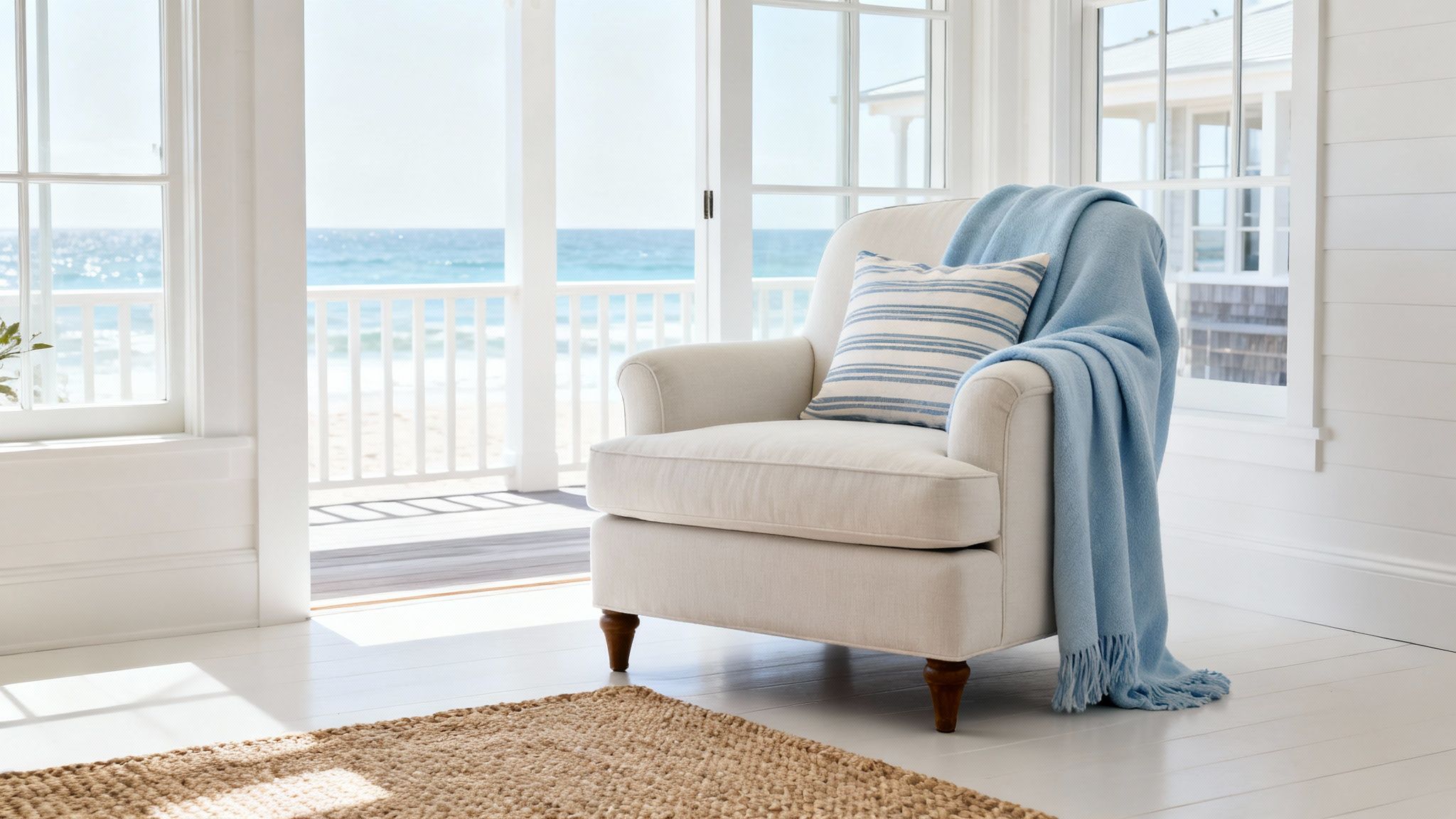 A bright, coastal living room with a cream armchair, blue throw, and striped pillow, offering ocean views.