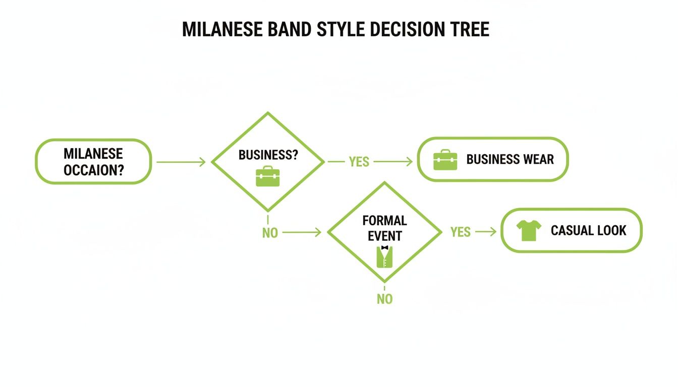 A Milanese band style decision tree flowchart, guiding choices for business, formal, or casual wear.