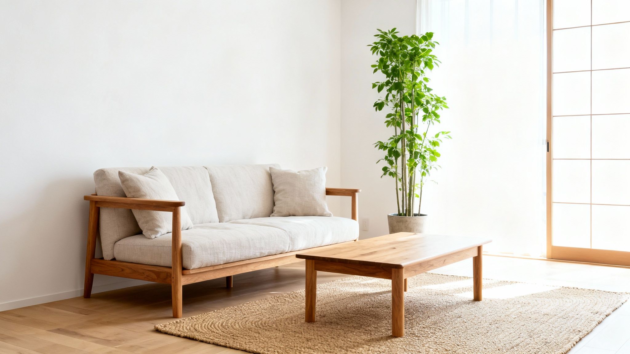 A minimalist living room with a light wood frame sofa, coffee table, potted plant, and woven rug.