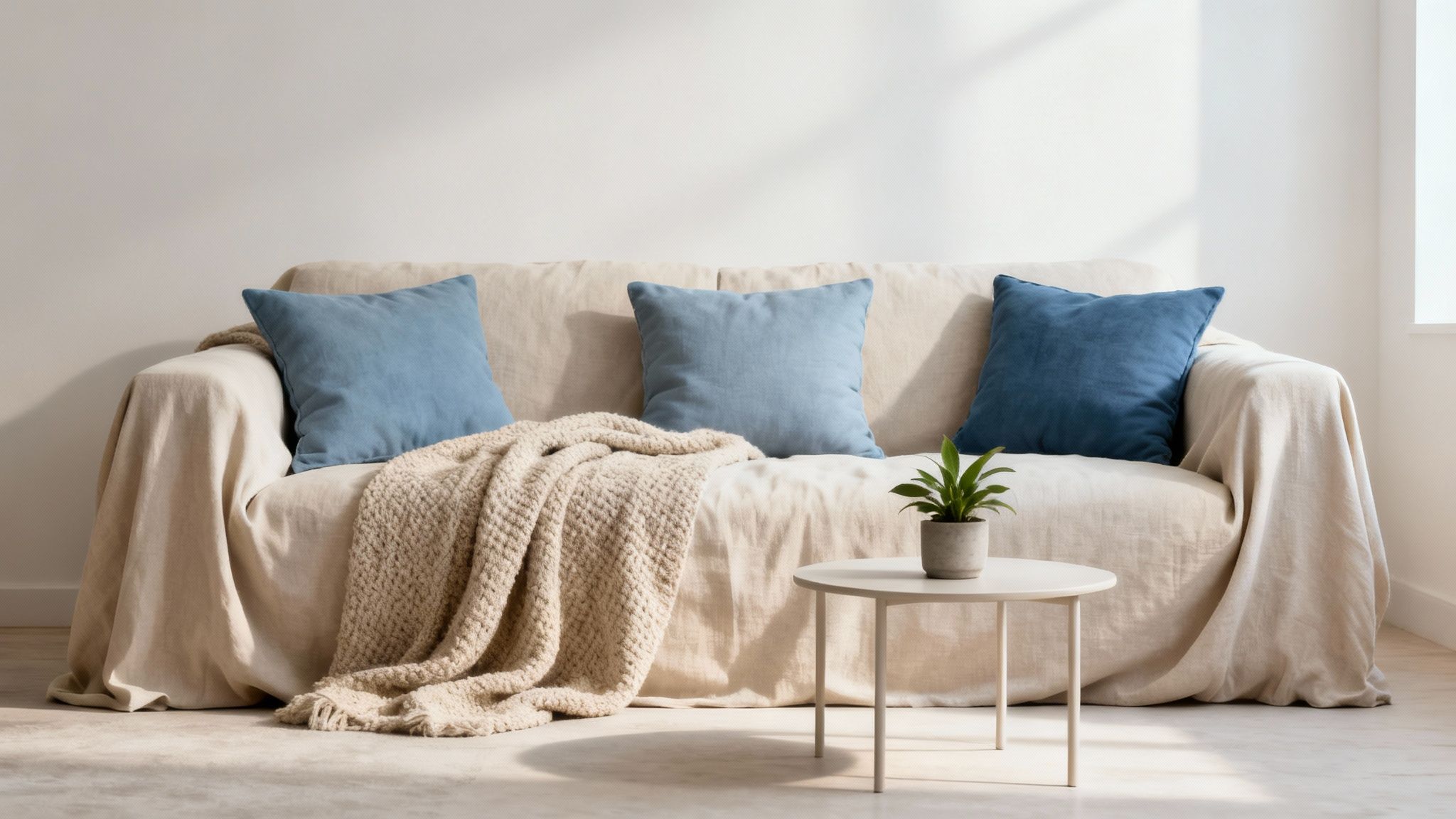 A cozy living room featuring a beige slipcovered sofa, blue pillows, a knitted blanket, and a plant on a table.