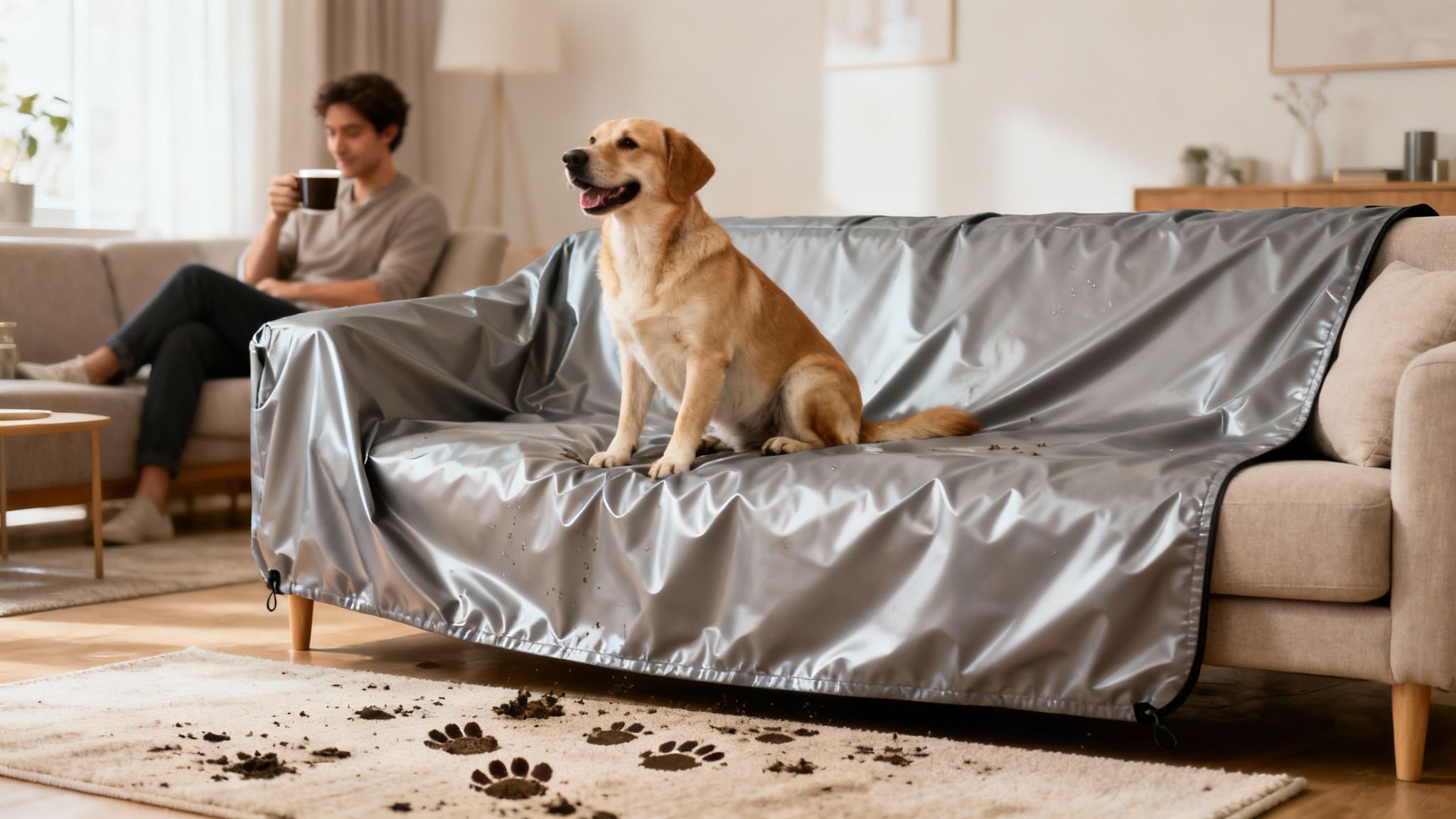 A golden retriever dog sits on a silver waterproof couch cover while a man relaxes, muddy paw prints on the rug.