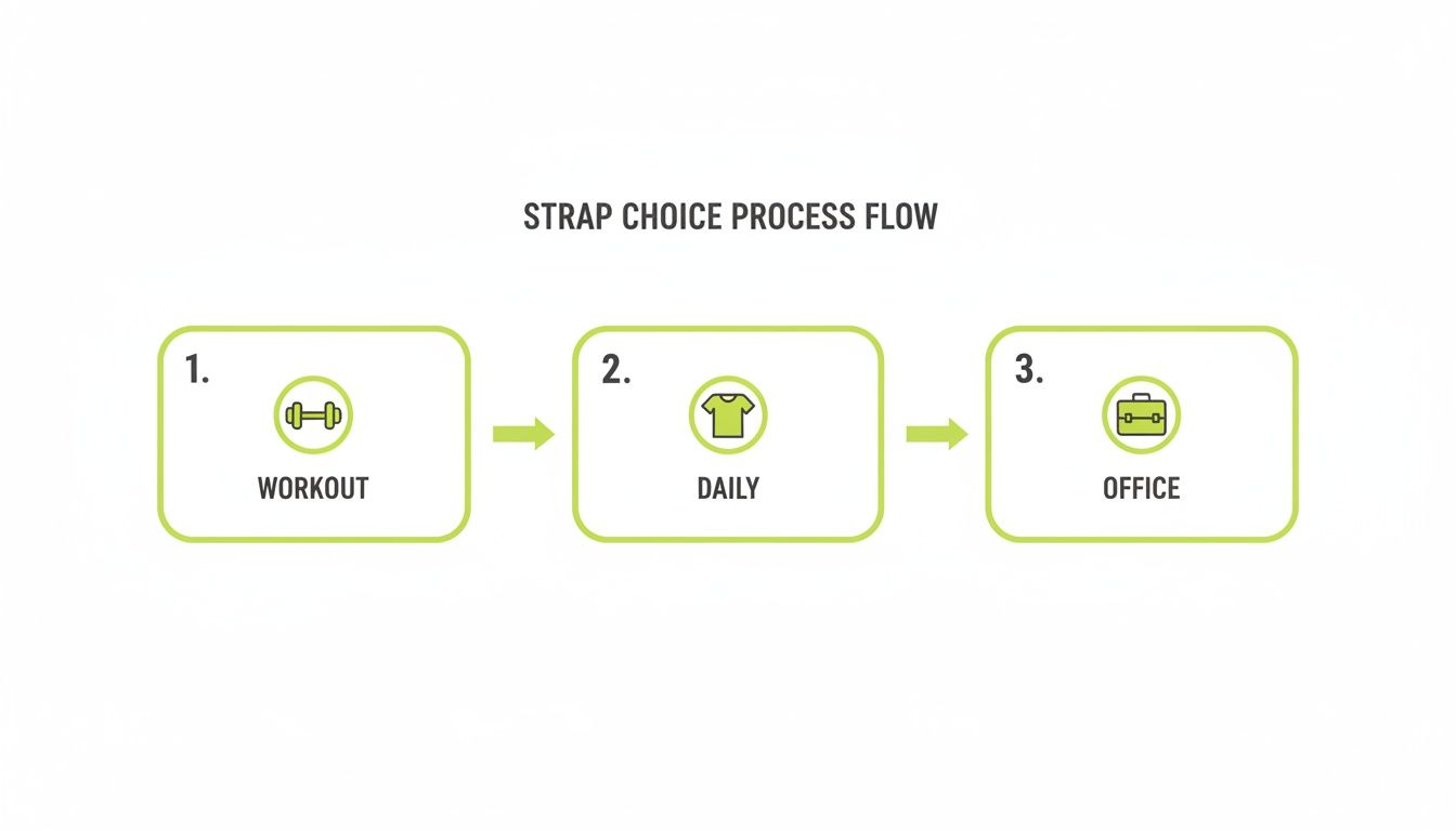 A process flow diagram illustrating strap choices for different activities: workout, daily, and office.