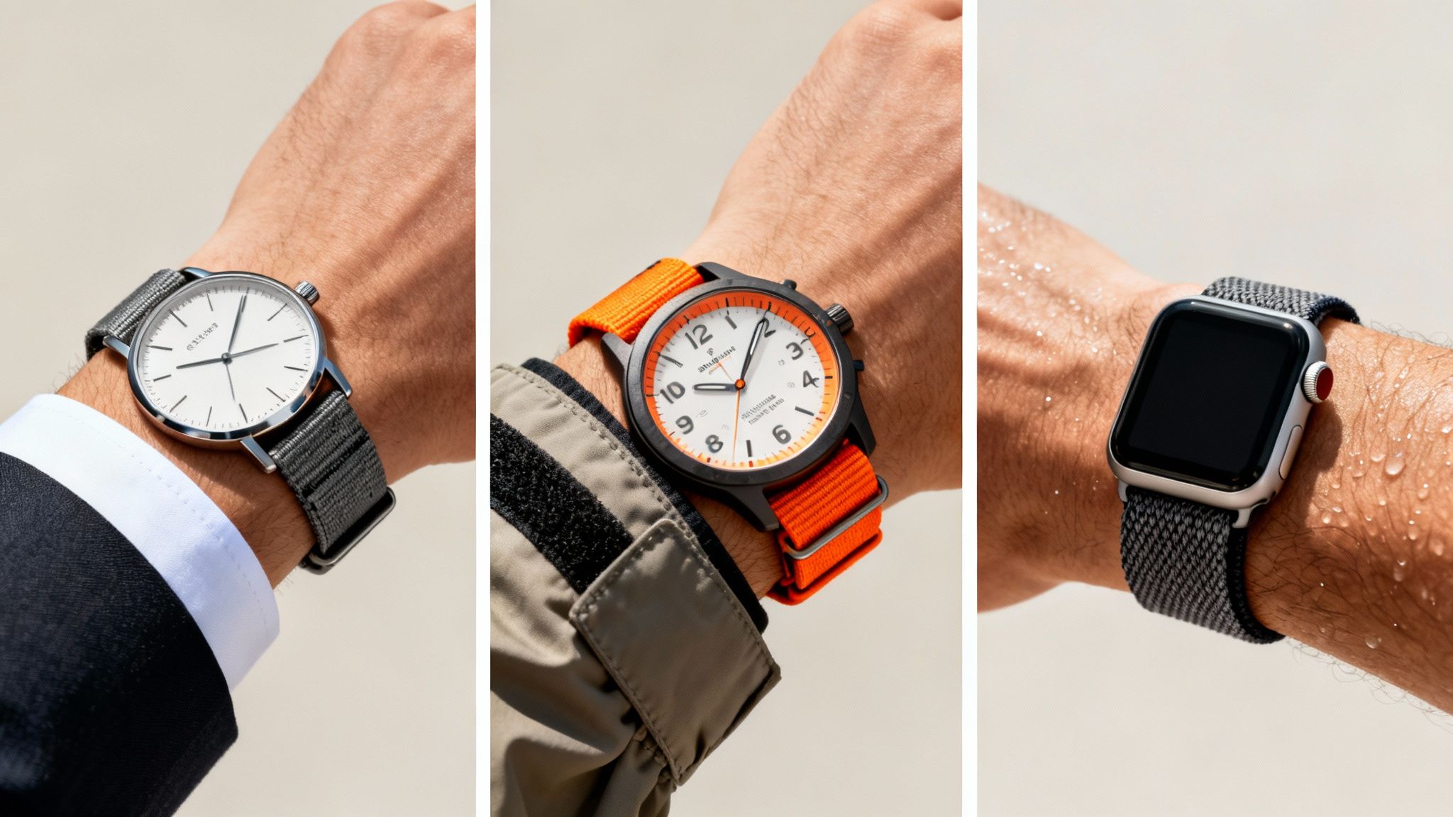 Three diverse watches with nylon straps, showcasing classic, rugged, and smart styles on wrists.