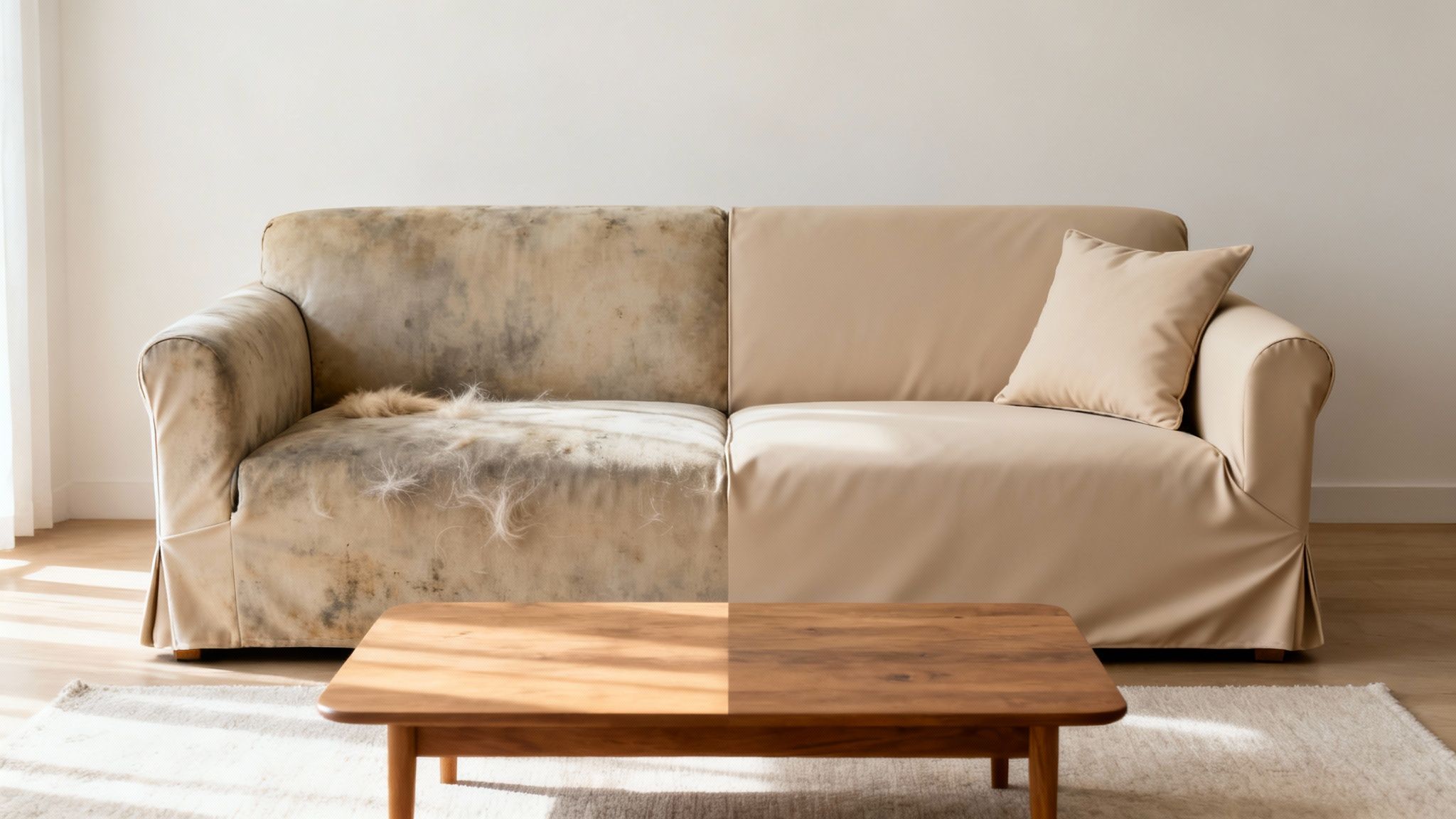 Before and after image of a dirty sofa covered in pet fur transformed with a clean beige slipcover.