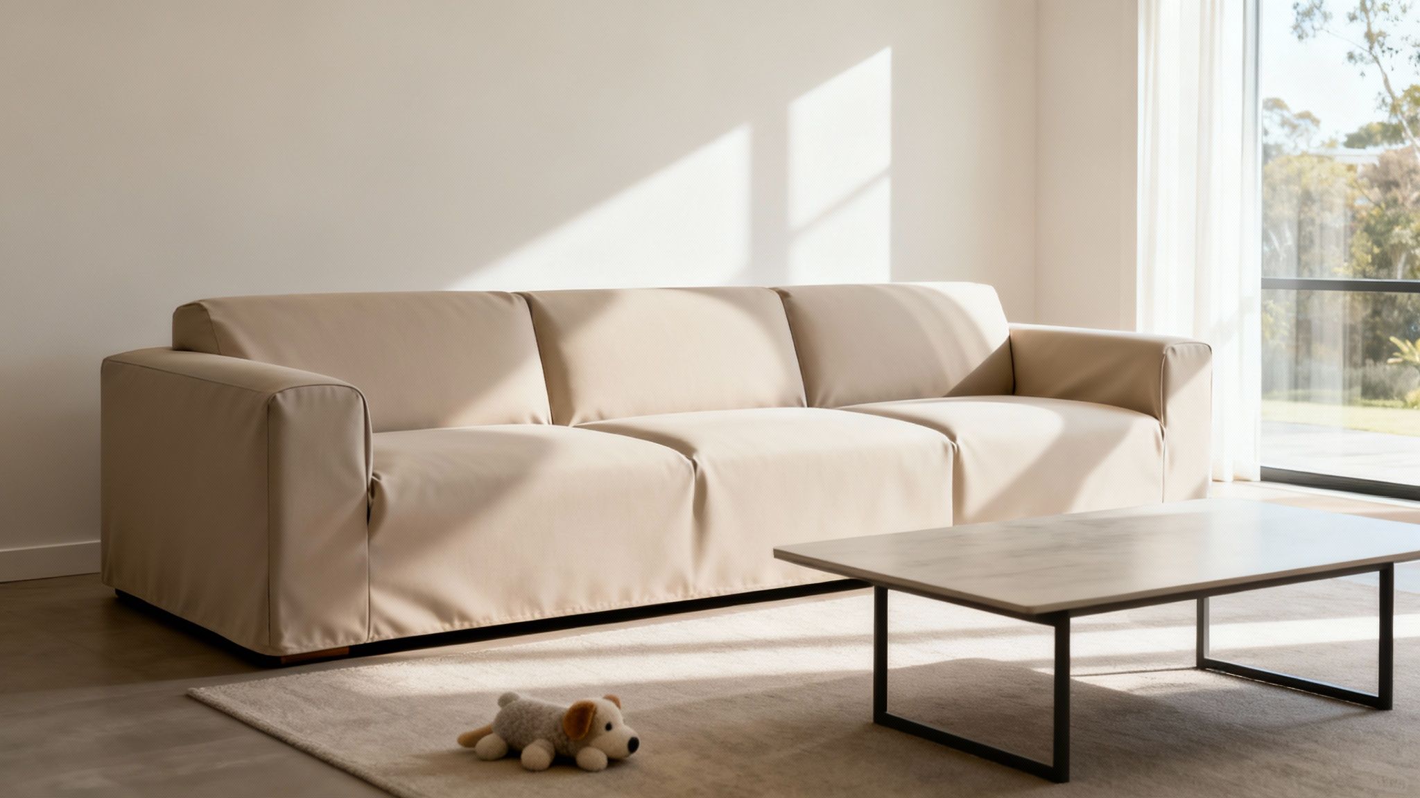 A minimalist living room with a long beige sofa, coffee table, and dog toy on a rug.