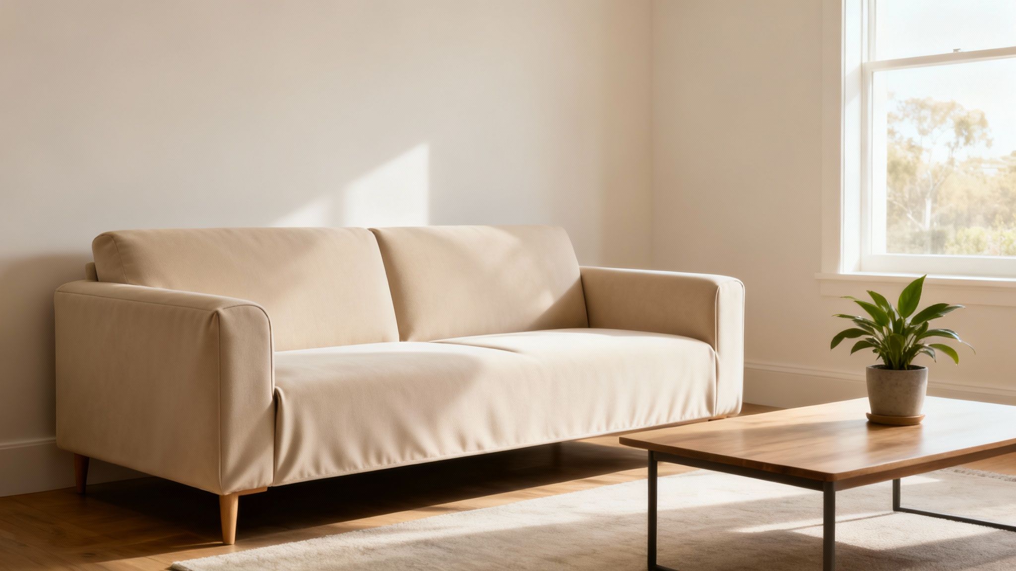 A minimalist living room with a beige sofa, wooden coffee table, and a potted plant by a bright window.