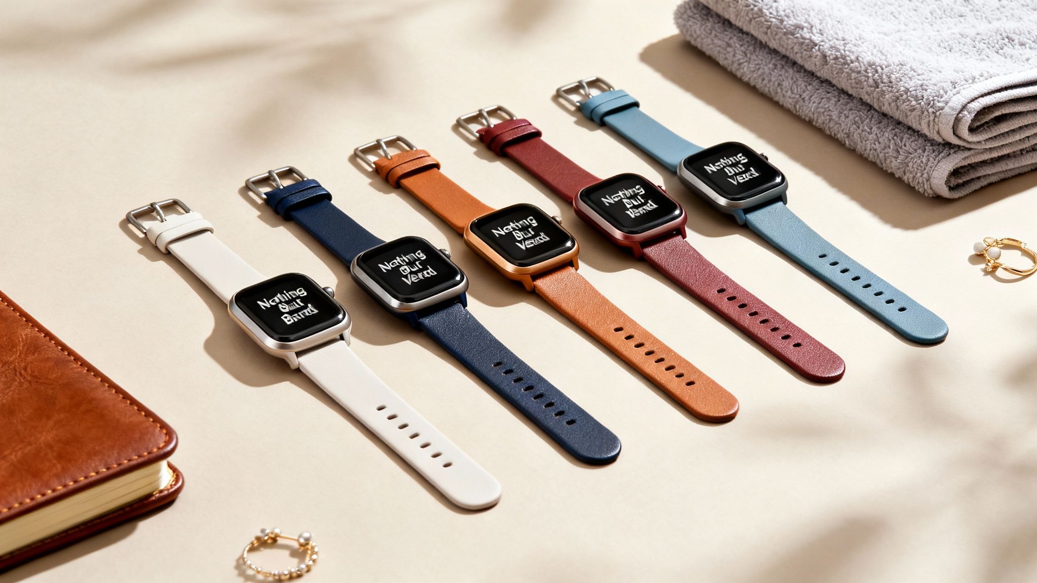 Five smartwatches with colorful watch bands, next to a notebook, towels, and jewelry.