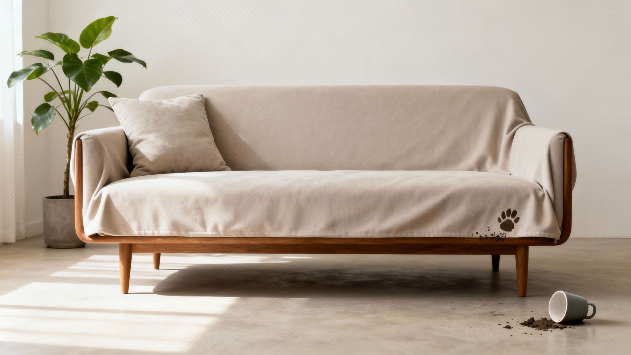 A beige sofa with a paw print cover, a potted plant, and a spilled mug on the floor.