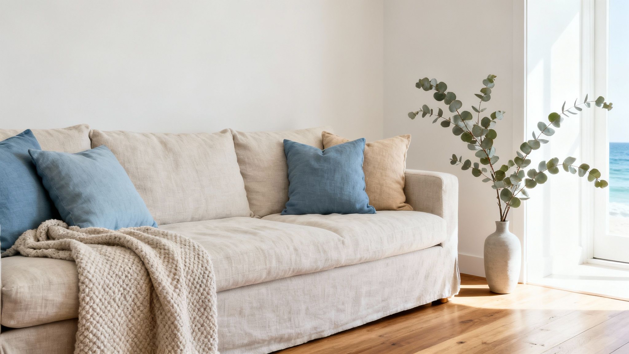 A cozy living room with a neutral linen sofa, blue pillows, and eucalyptus by an ocean view window.