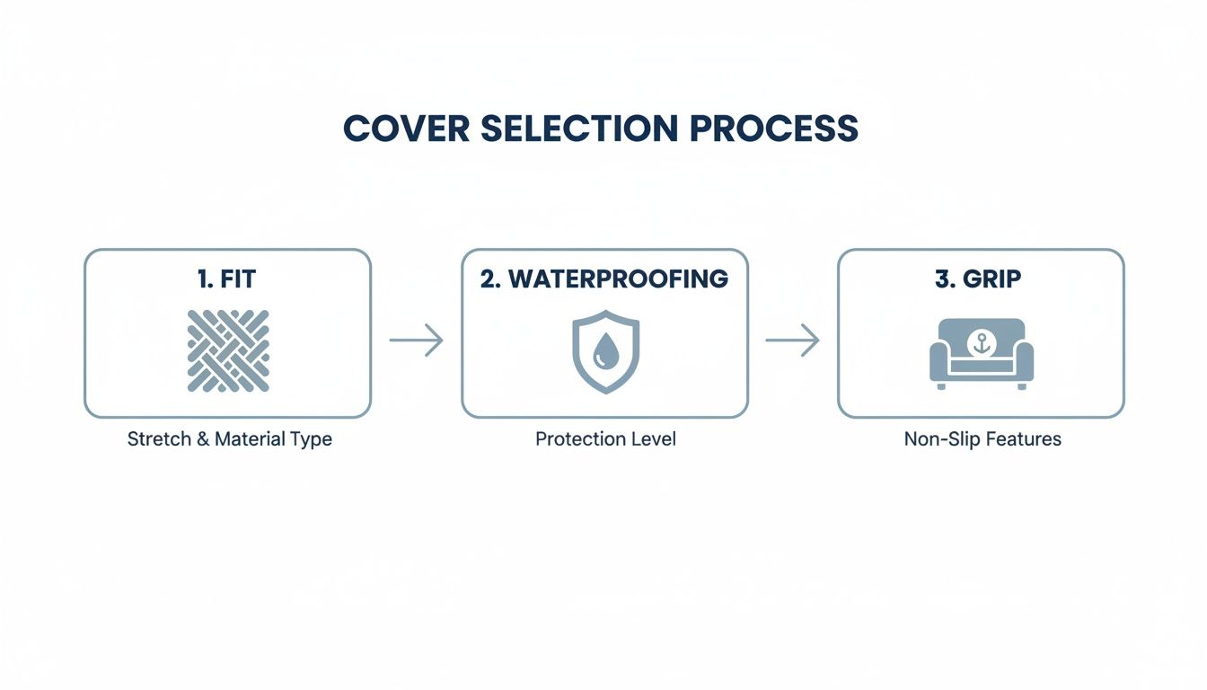 Diagram showing the cover selection process: Fit, Waterproofing, and Grip features.