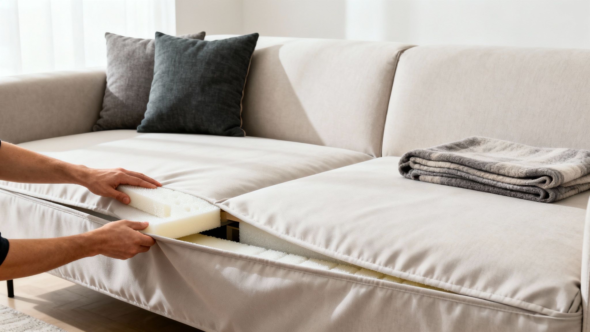 A person installs or replaces foam padding into a beige sofa, highlighting removable covers.