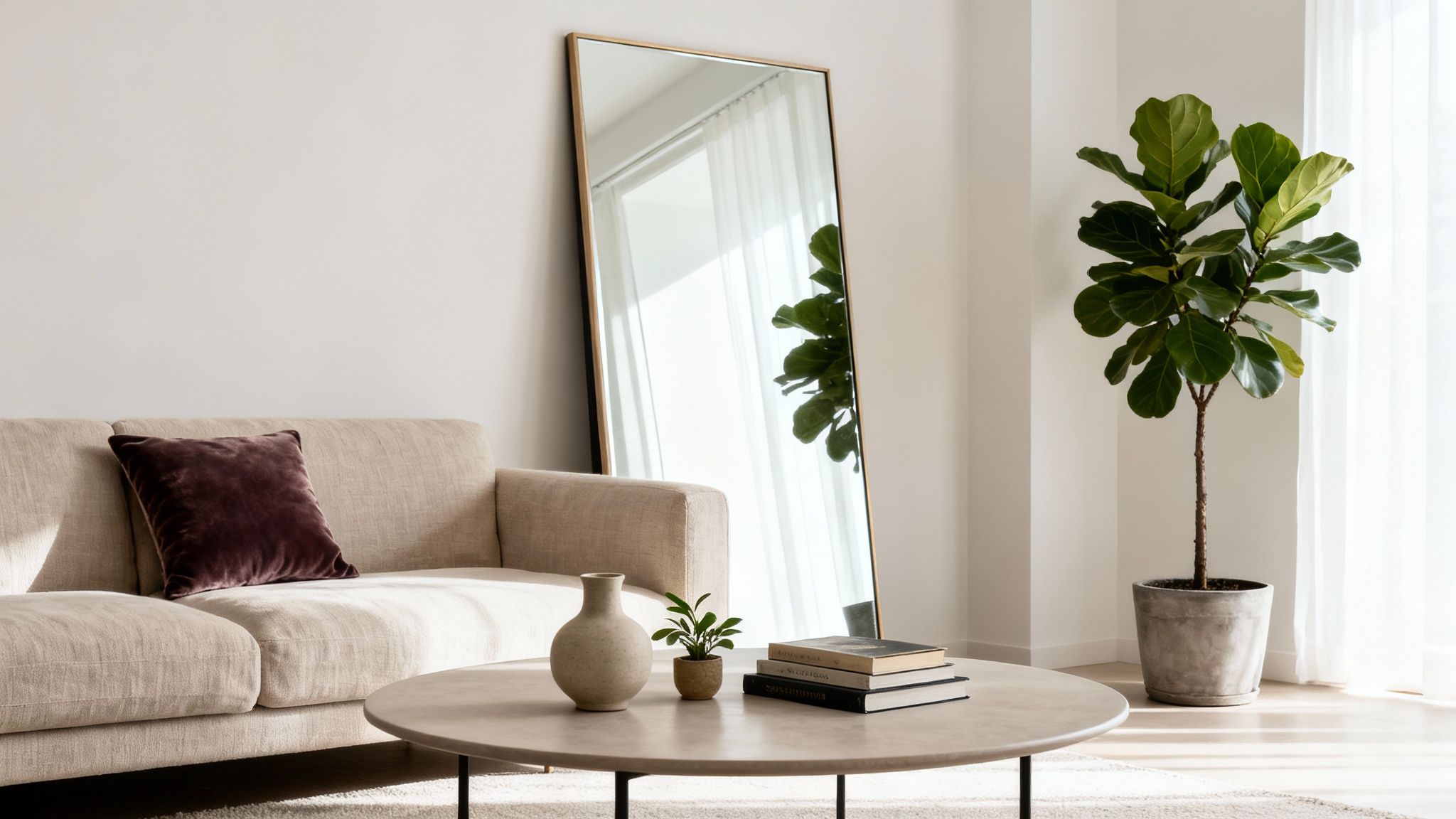 A minimalist living room with a beige sofa, round coffee table, mirror, and large fiddle-leaf fig plant.