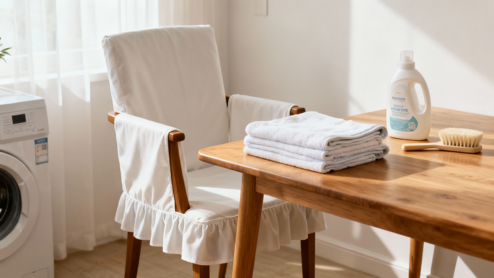 Laundry scene with a white covered arm chair, a wooden table, fresh towels, detergent, and a washing machine.