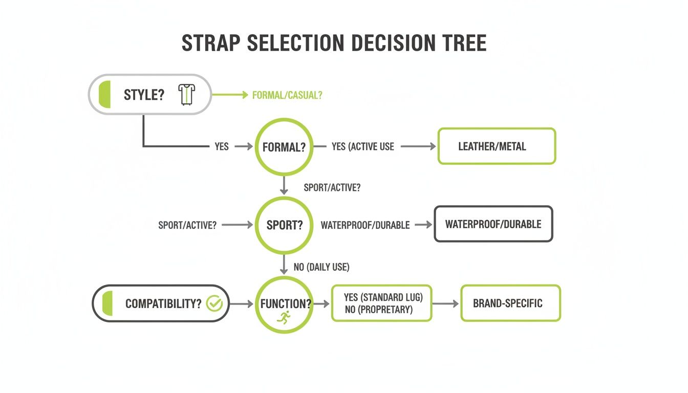 Decision tree diagram for selecting a strap based on style, formal/casual use, sport activity, and compatibility.
