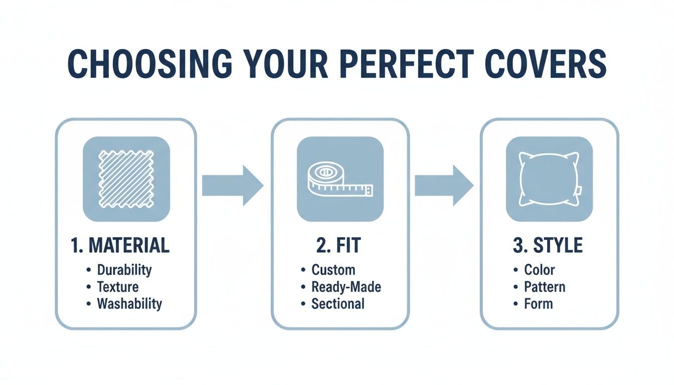 Infographic detailing a 3-step process for choosing perfect covers: Material, Fit, and Style.