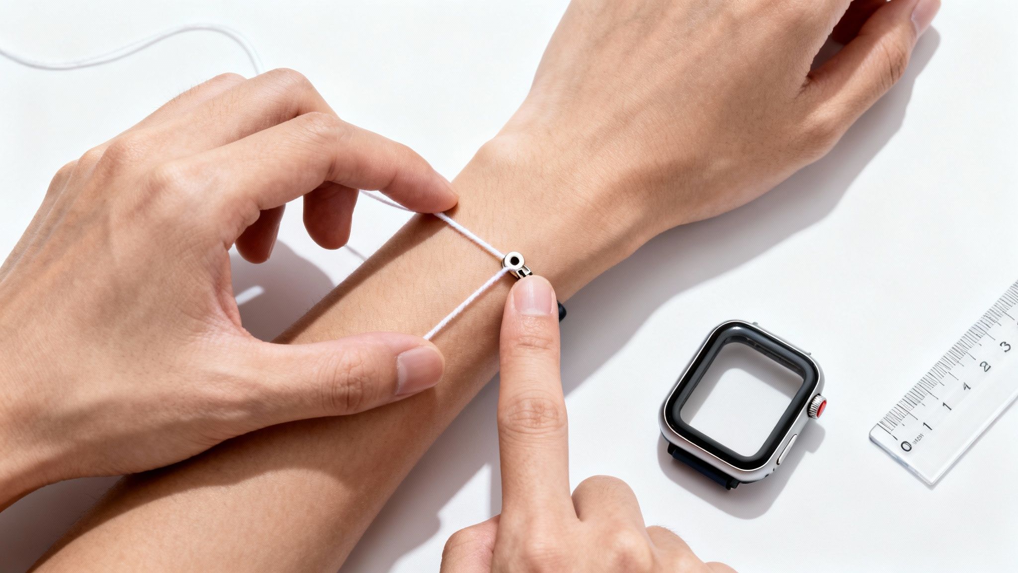 Close-up of a person measuring wrist size with a string and bead, next to an Apple Watch case and ruler.