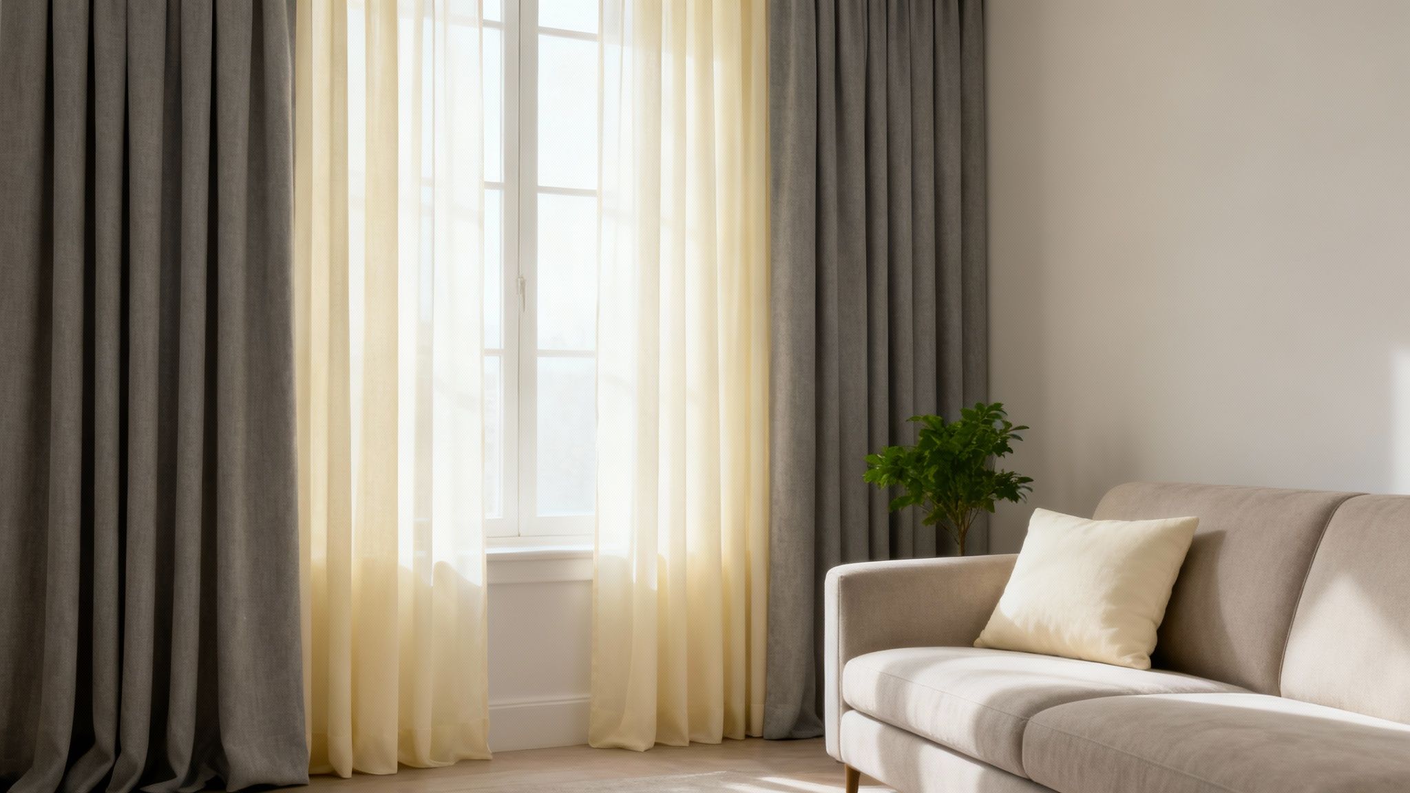 Modern living room with neutral grey and cream curtains, a comfortable beige sofa, and a houseplant.